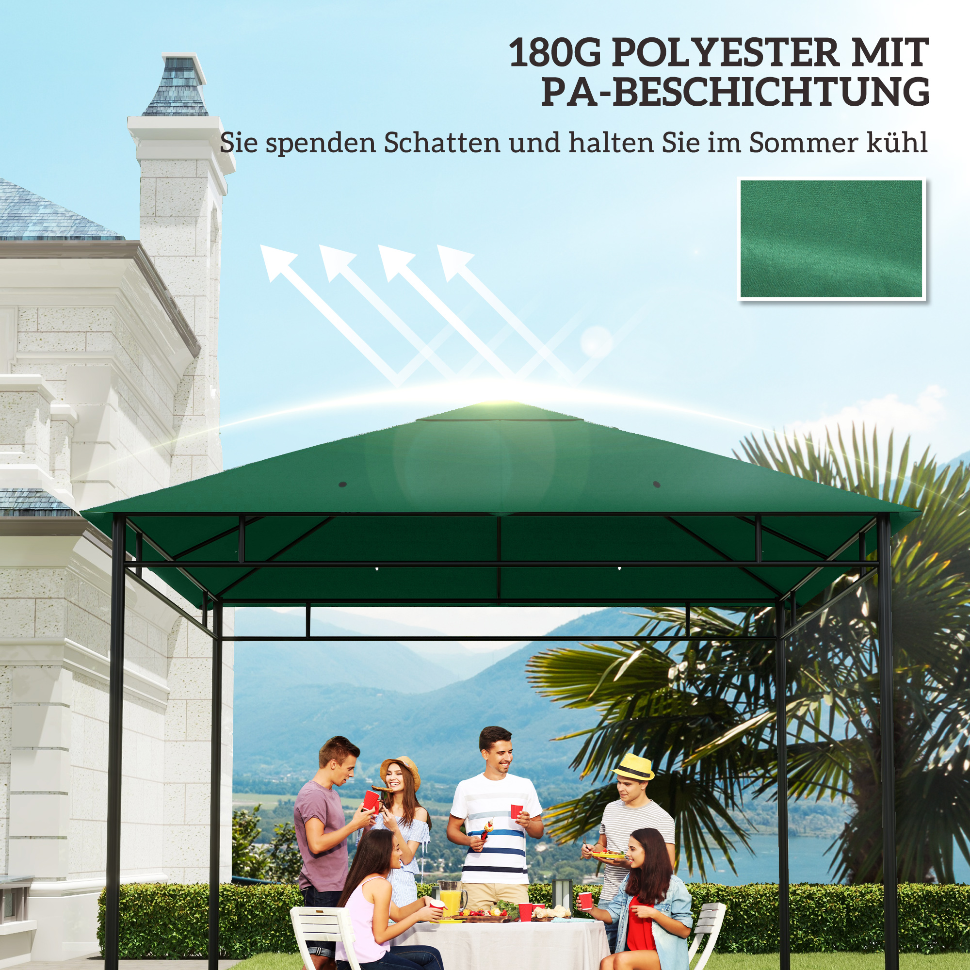 Ersatzdach für Gartenpavillon, 8 Wasserabflusslöcher, einfache Montage, Polyester, grün, 2,98 x 2,98 m