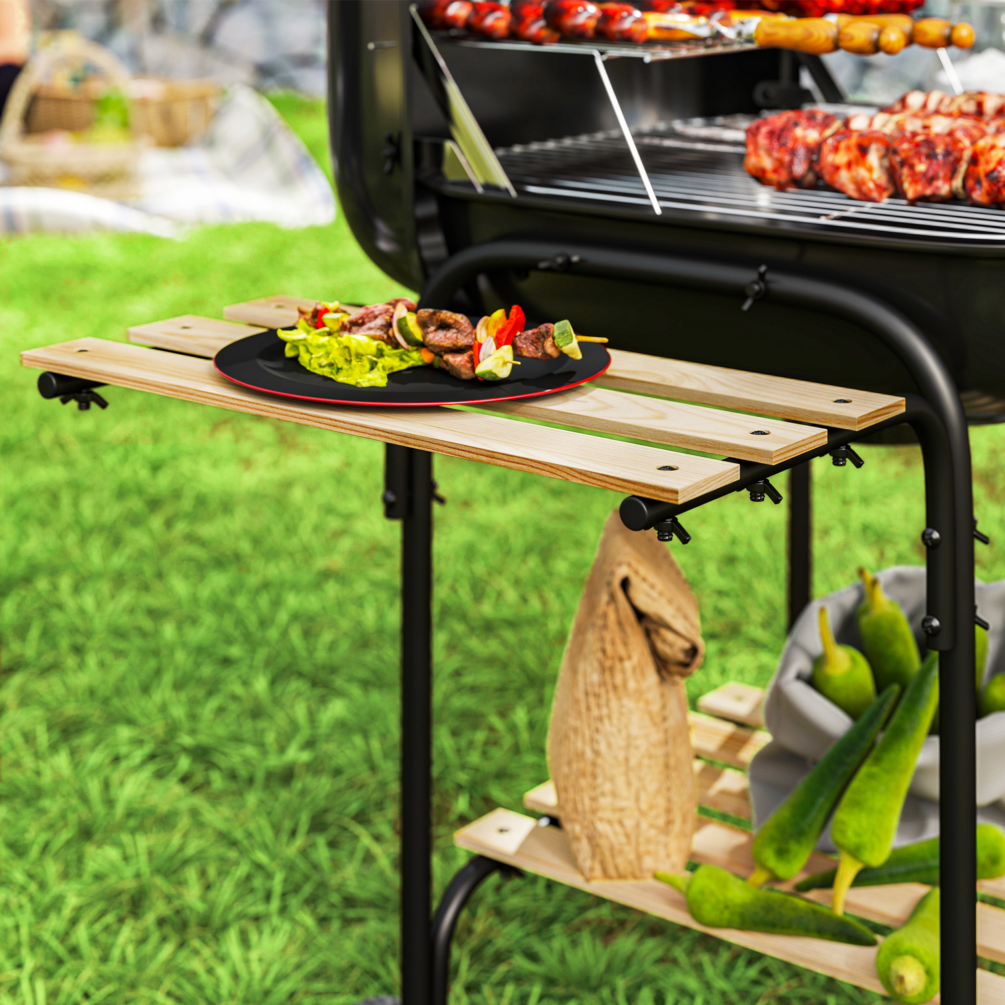 Holzkohlegrill aus Stahl Grillwagen mit abschließbarem Deckel Grillrost Räder Griff Holzablage 98 x 54 x 91 cm Schwarz