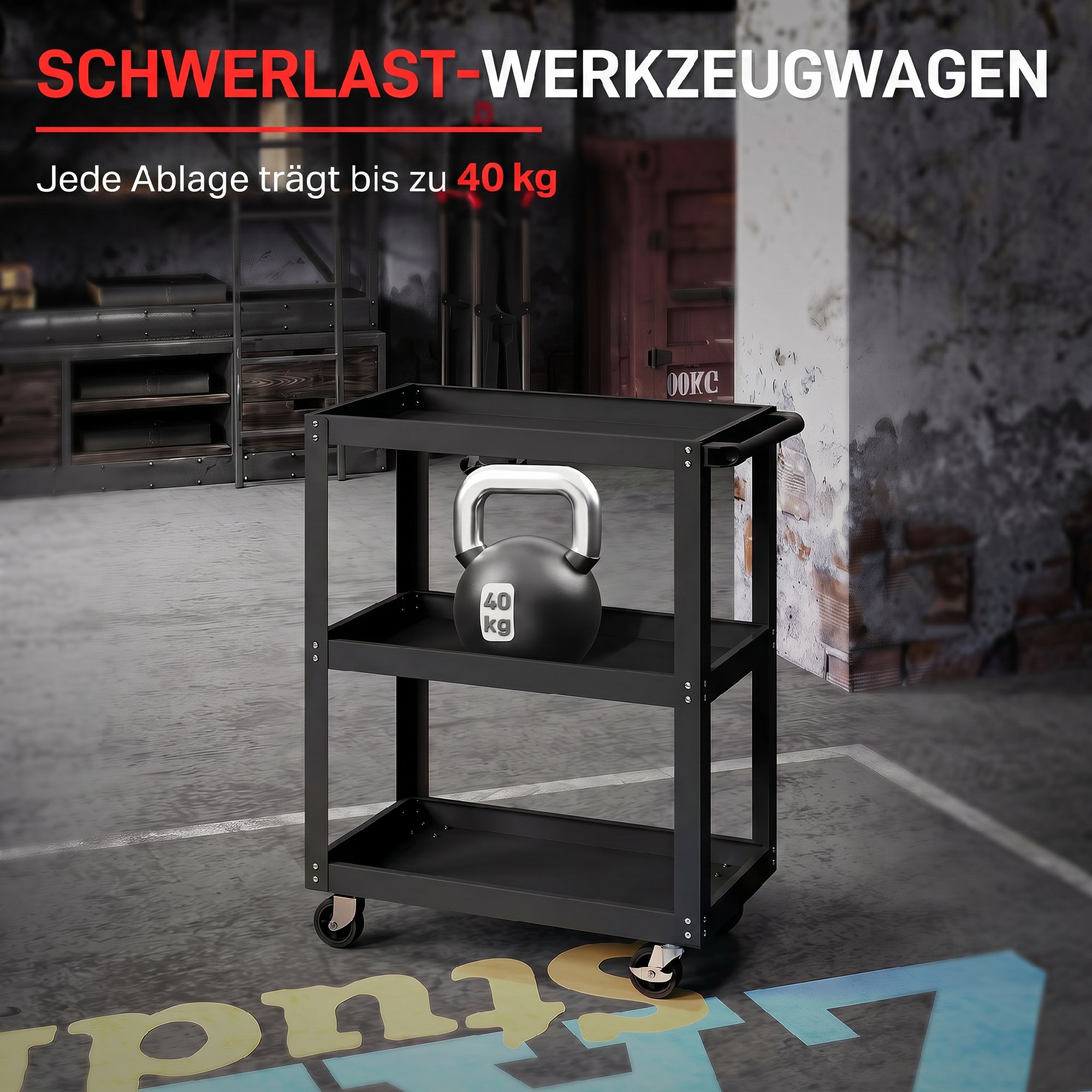 Werkstattwagen mit 3 Ablagen und Seitenhalter, 4 Rollen, 70,5 x 35 x 82,5 cm, Schwarz