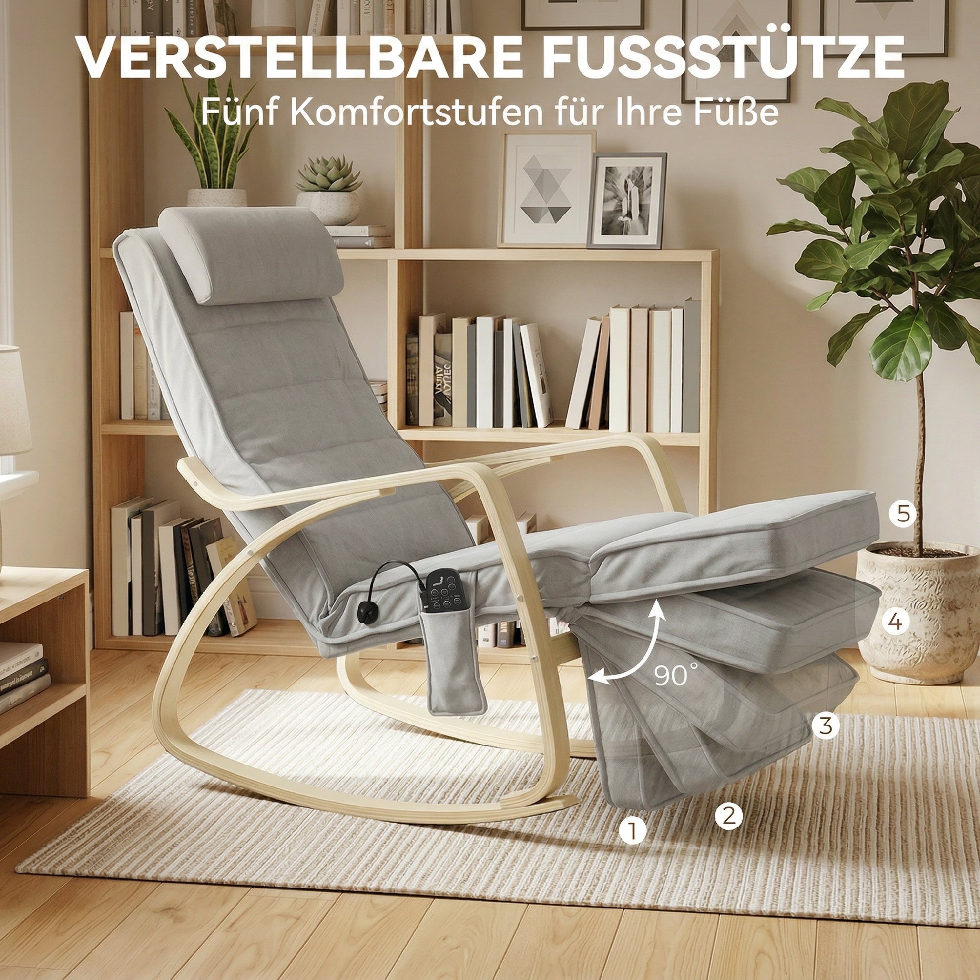 Schaukelstuhl mit Massage, Heizung, Kopfstütze & Fußstütze, Samtbezug, Relaxsessel, Hellgrau