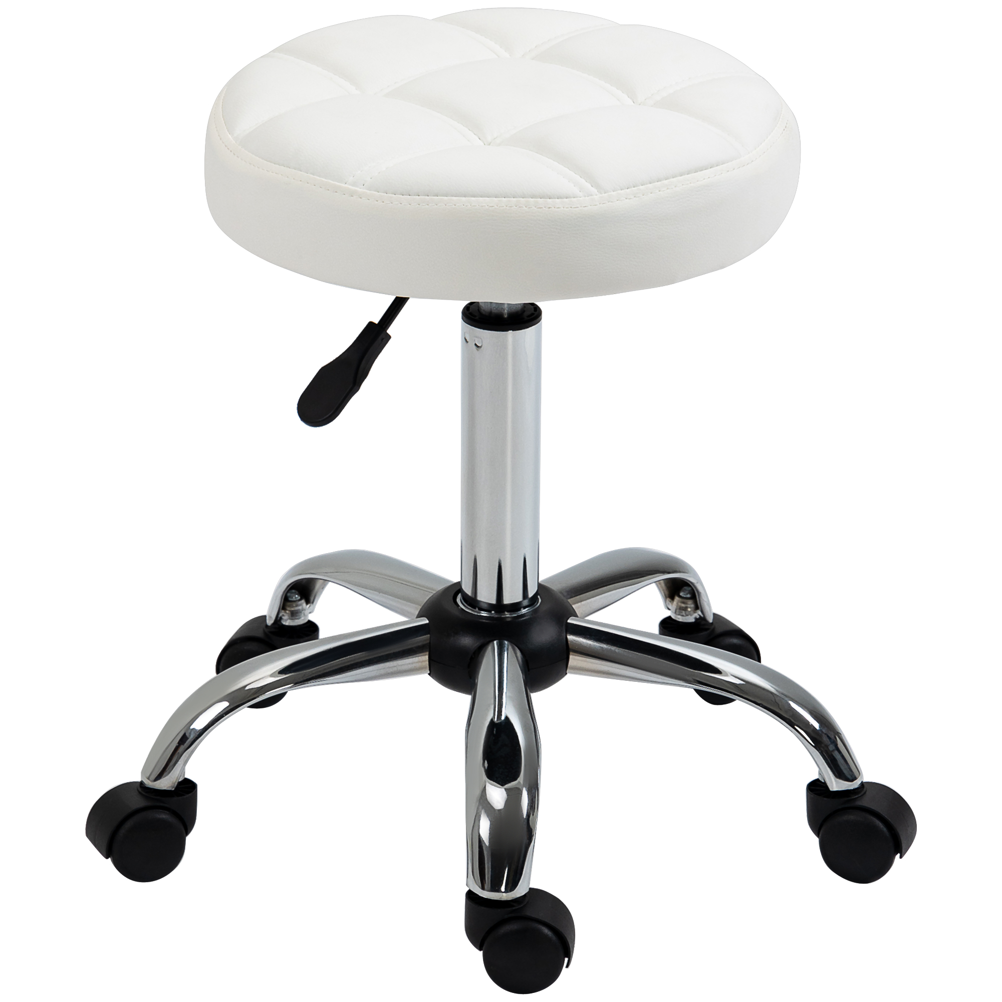 Drehhocker, Salonhocker, höhenverstellbar, Kunstleder, Steppdesign, Ø35,5 x 48-63 cm, Weiß/Silber Drehhocker, Salonhocker, höhenverstellbar, Kunstleder, Steppdesign, Ø35,5 x 48-63 cm, Weiß/Silber