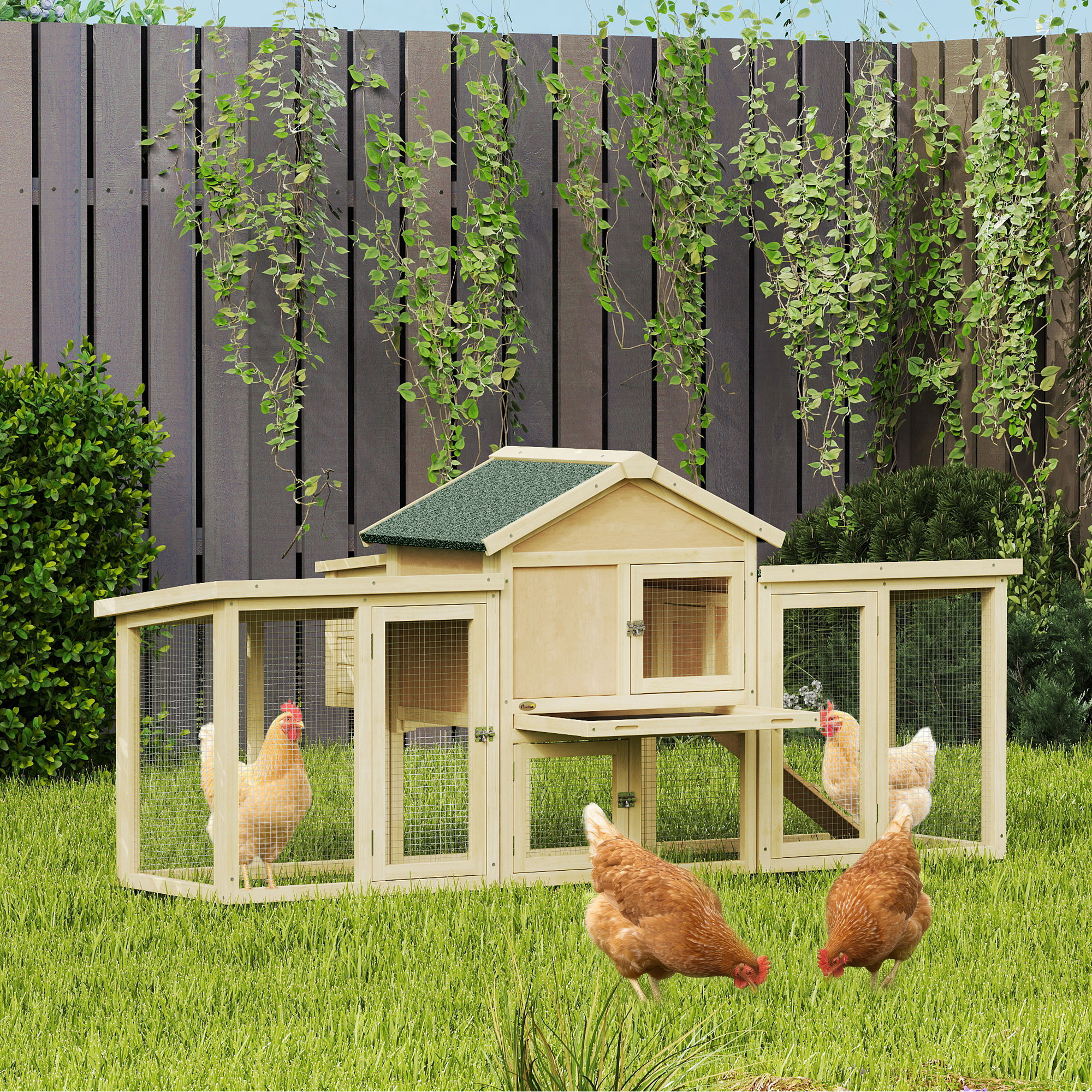 Hühnerstall Hühnerhaus aus Holz mit Nistkasten, wasserdichtem Dach, Sitzstange, Auslauf, Rampe, 204x85x93 cm Naturholz