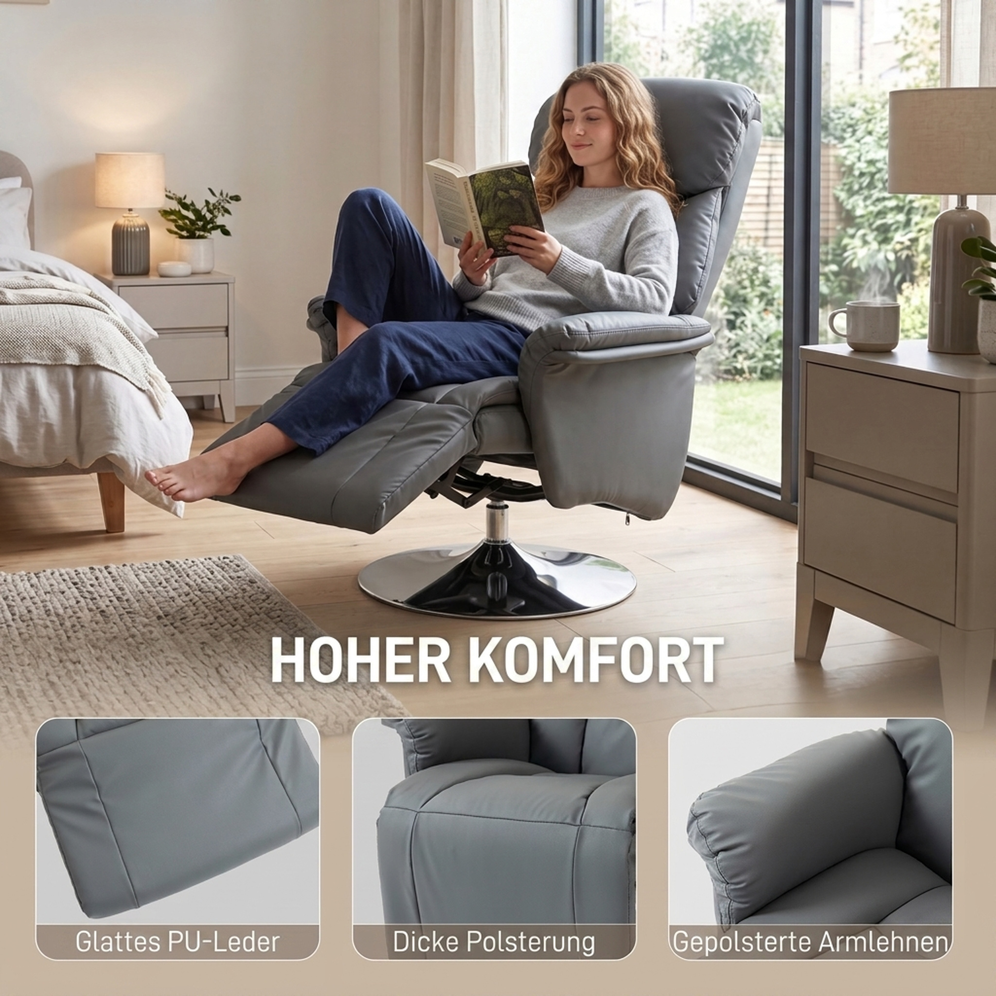 Relaxsessel, Liegefunktion, Lederoptik, Fußstütze, bis 120 kg, 78 x 80 x 109 cm, Grau
