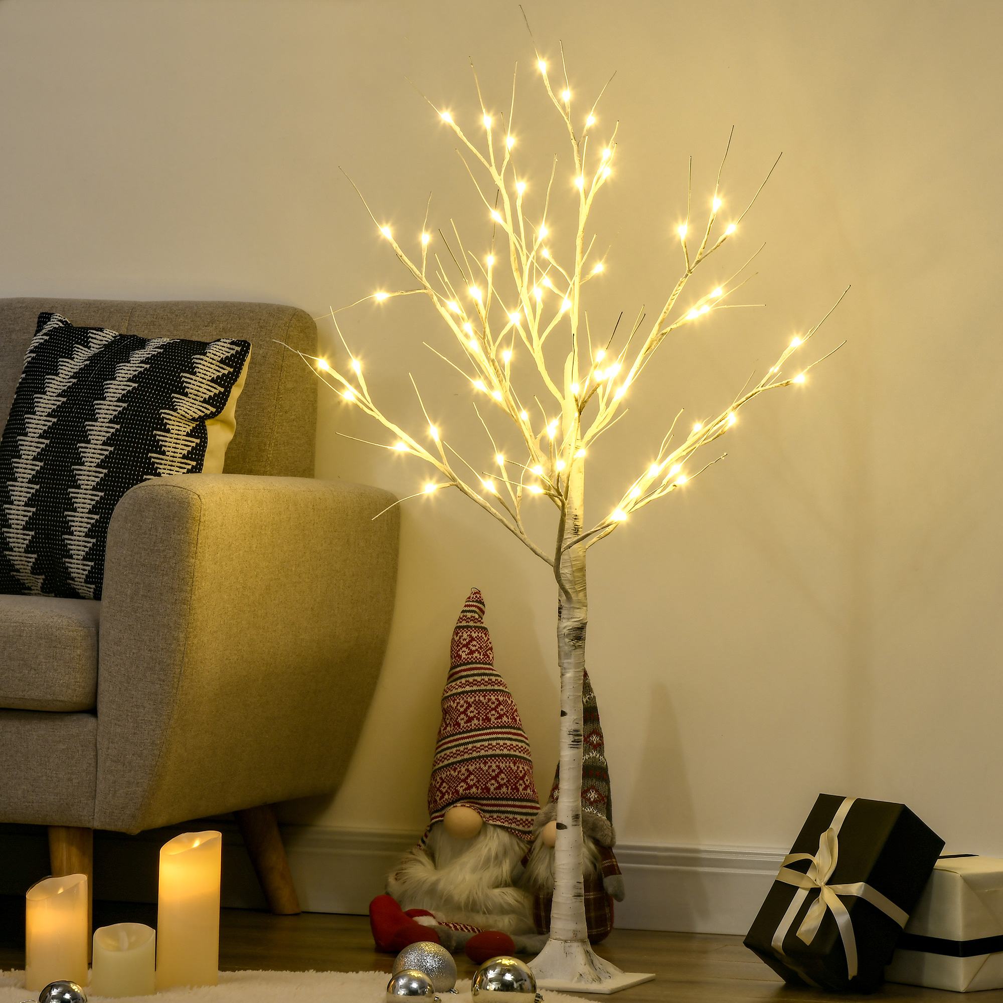 Kunstbaum, Kunstbirke, mit LED-Beleuchtung, warmweiß, realistische, weiße Rinde, 17L x 17B x 120H cm