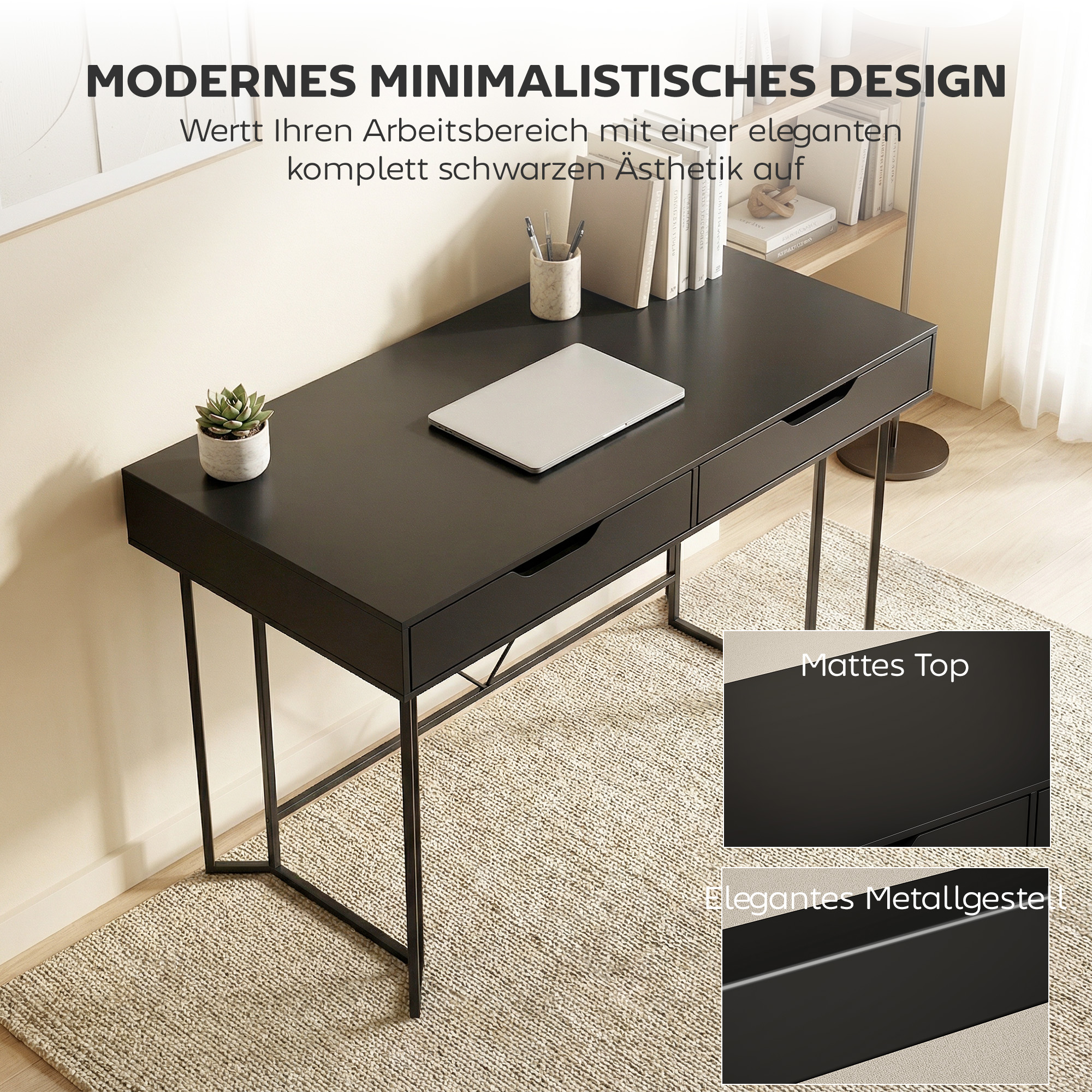 Kleiner Computertisch mit 2 Schubladen, Schreibtisch mit großer Arbeitsfläche 120 x 60 x 77 cm Schwarz