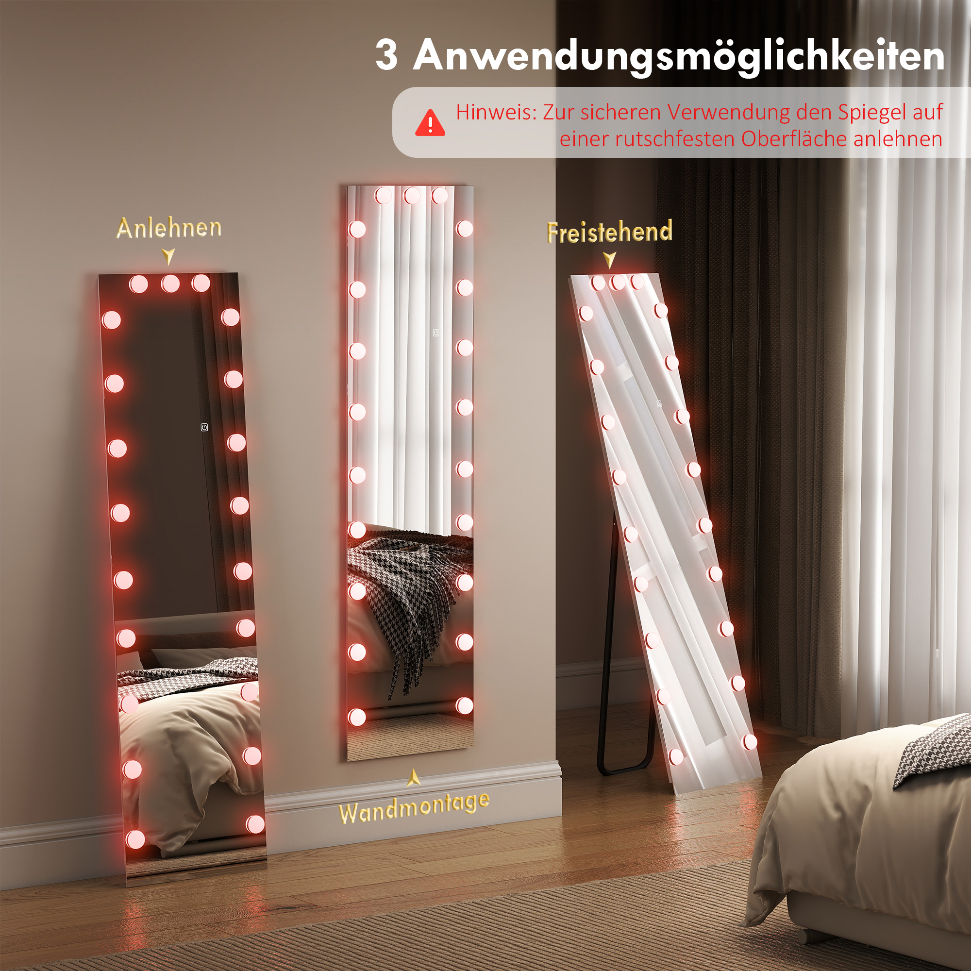 Ganzkörperspiegel 150x40 cm RGB-LED Standspiegel mit 21 Glühbirnen 7 Lichtfarbe Touch-Schalter Memory-Funktion