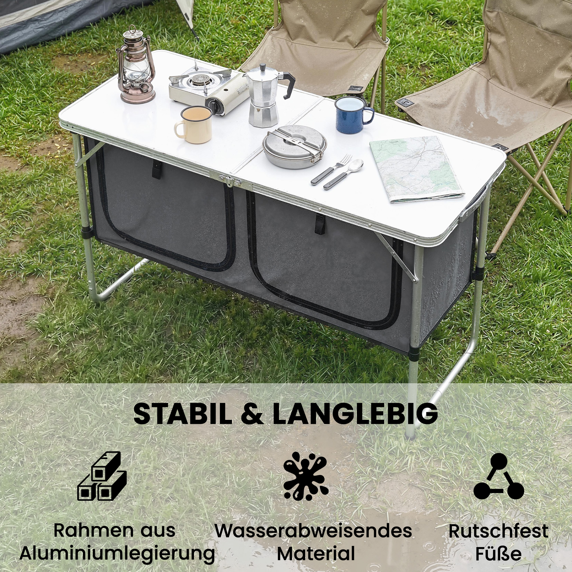 Camping Küche faltbar Campingschrank mit Aluminiumgestell Staufach Arbeitsplatte für Camping Reisen Silber