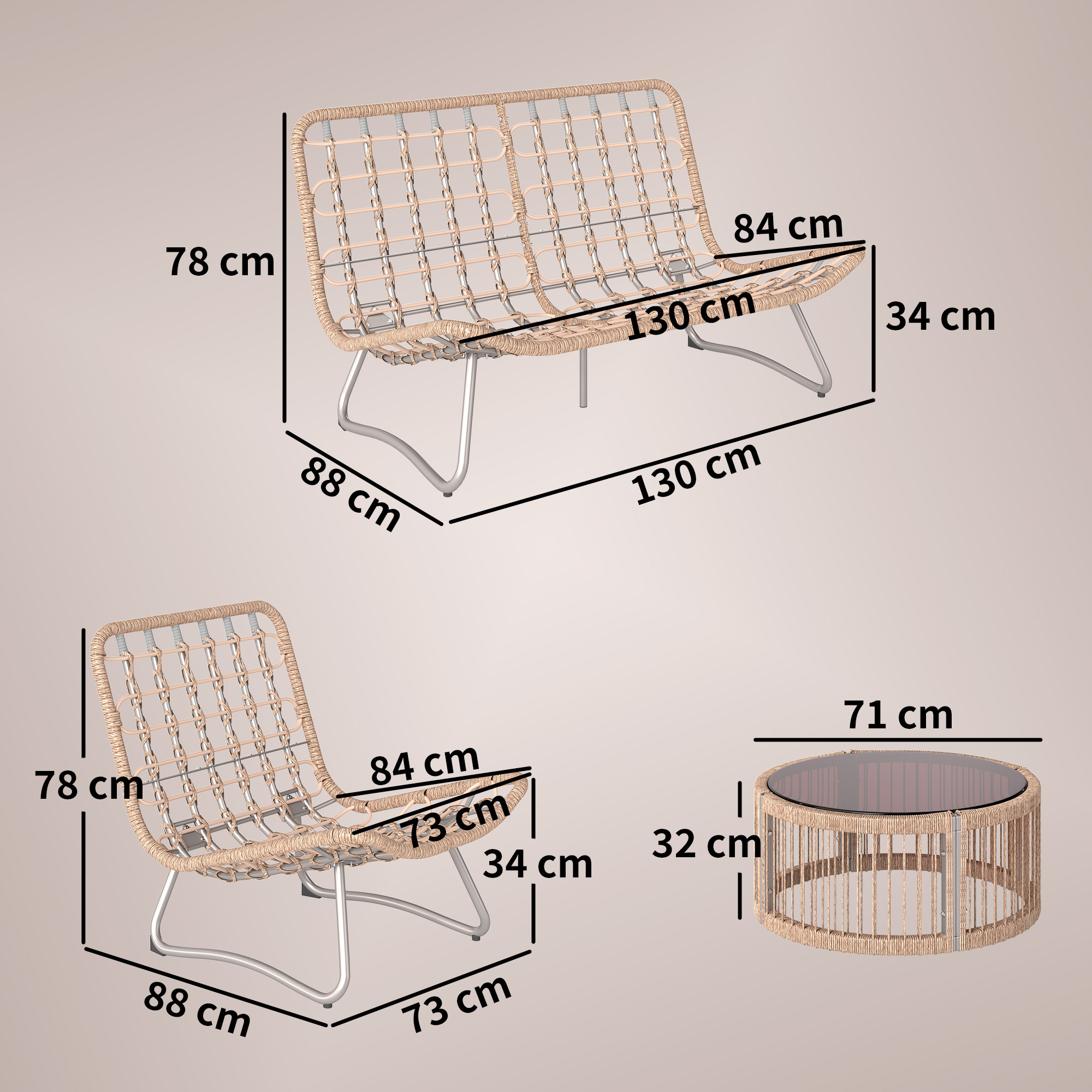 Gartenmöbel Set 4-teilig Polyrattan Lounge-Set mit Zweisitzer 2 Sessel Glastisch Breitem & Tiefem Sitz Dicke Kissen