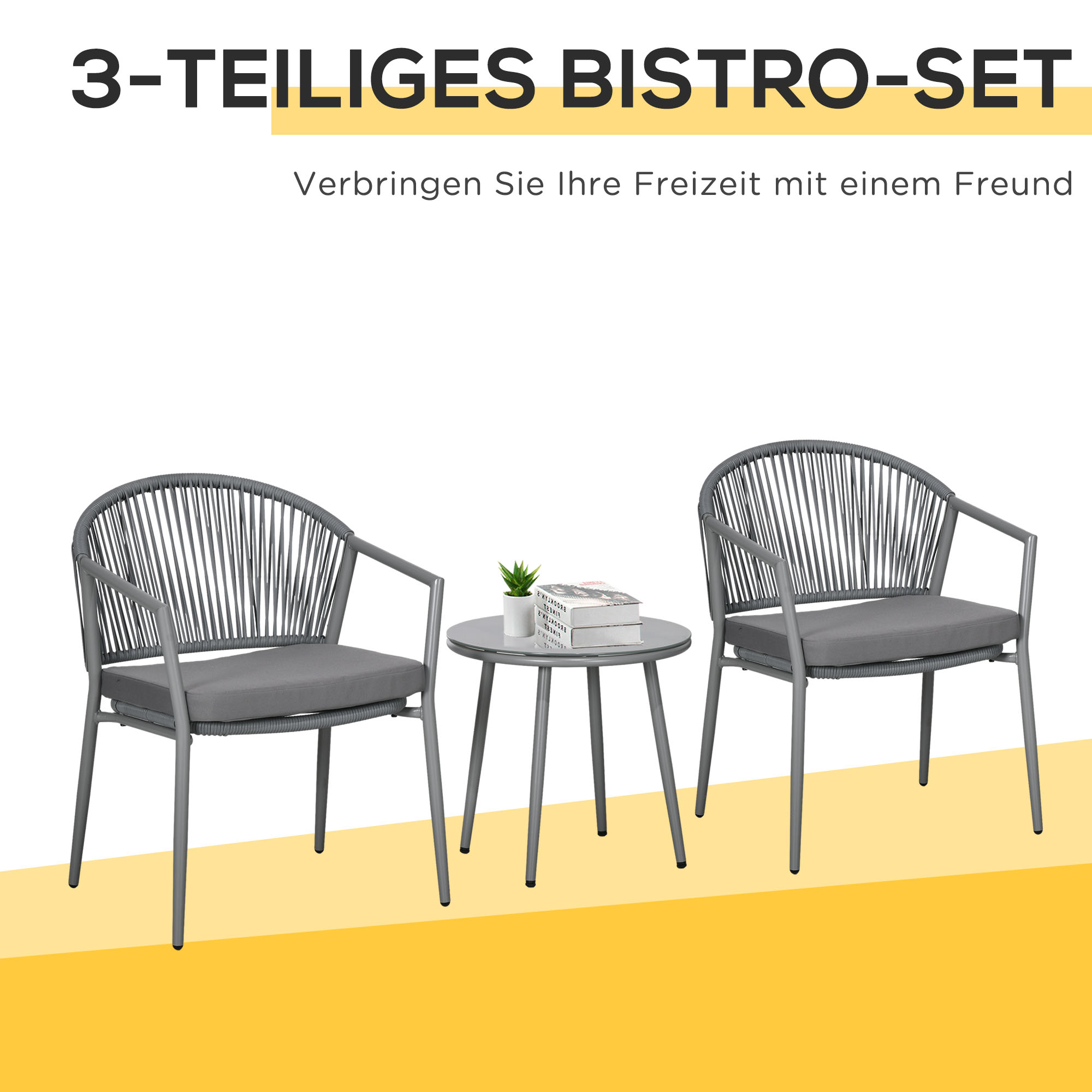 Gartenmöbel-Set, 2 Stühle & 1 Tisch mit Glasplatte, Rattanoptik, wetterfest, Metallrahmen, Grau