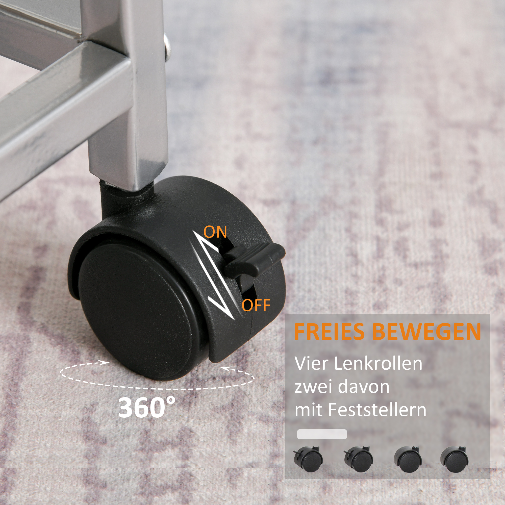 Küchenwagen Rollwagen mit 4 Ebenen Küchenregal mit Metallkörben, Allzweckwagen auf Rollen, Aufbewahrungswagen für Küche Bad Büro Wohnzimmer Silber