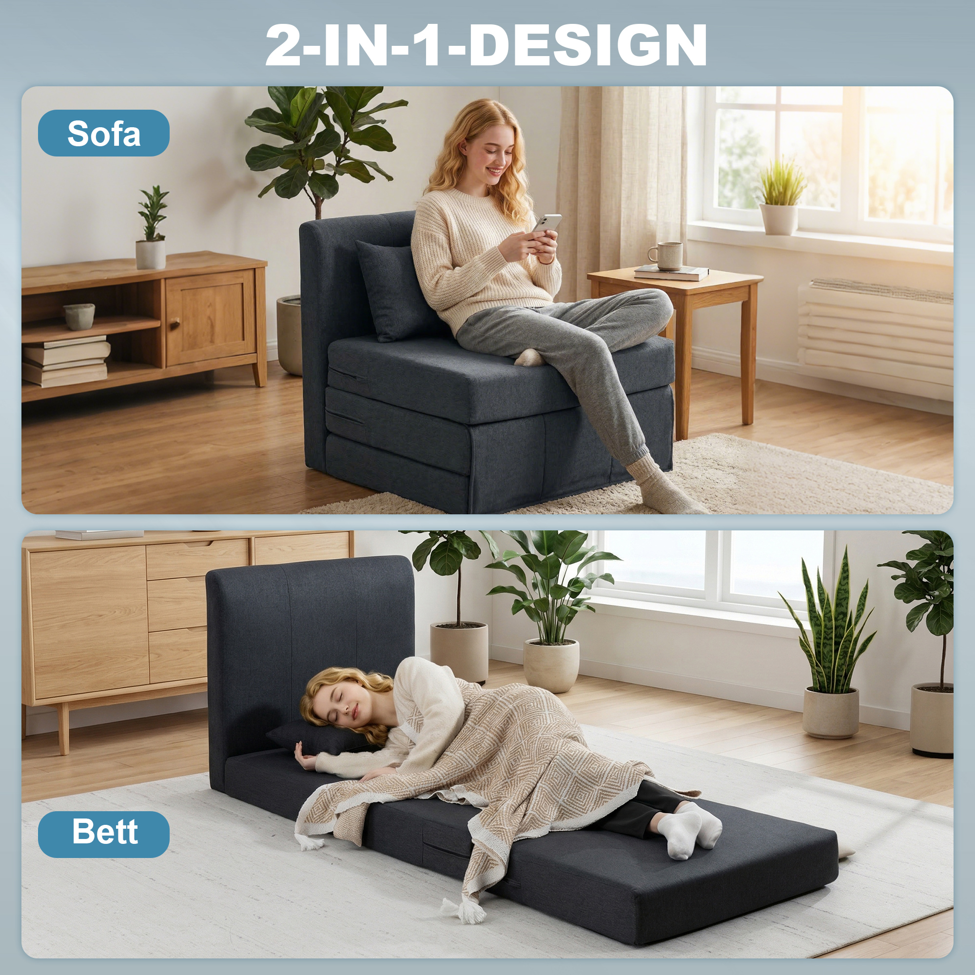 2-in-1 Schlafsessel Klappbares Sofa-Bett mit Leinenstruktur, Gepolstertes Gästebett Klappstuhl, Dunkelgrau