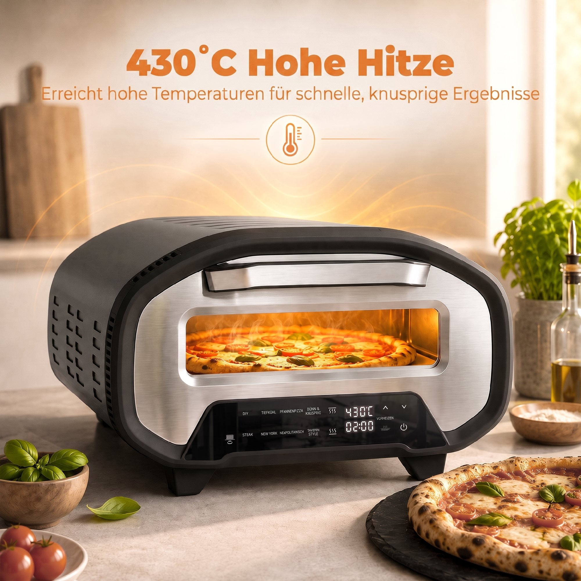 Pizzaofen für innen, 12 Zoll elektrischer Pizzaofen mit 8 Programmen, 430 °C, Timer, Keramikstein, 2200 W