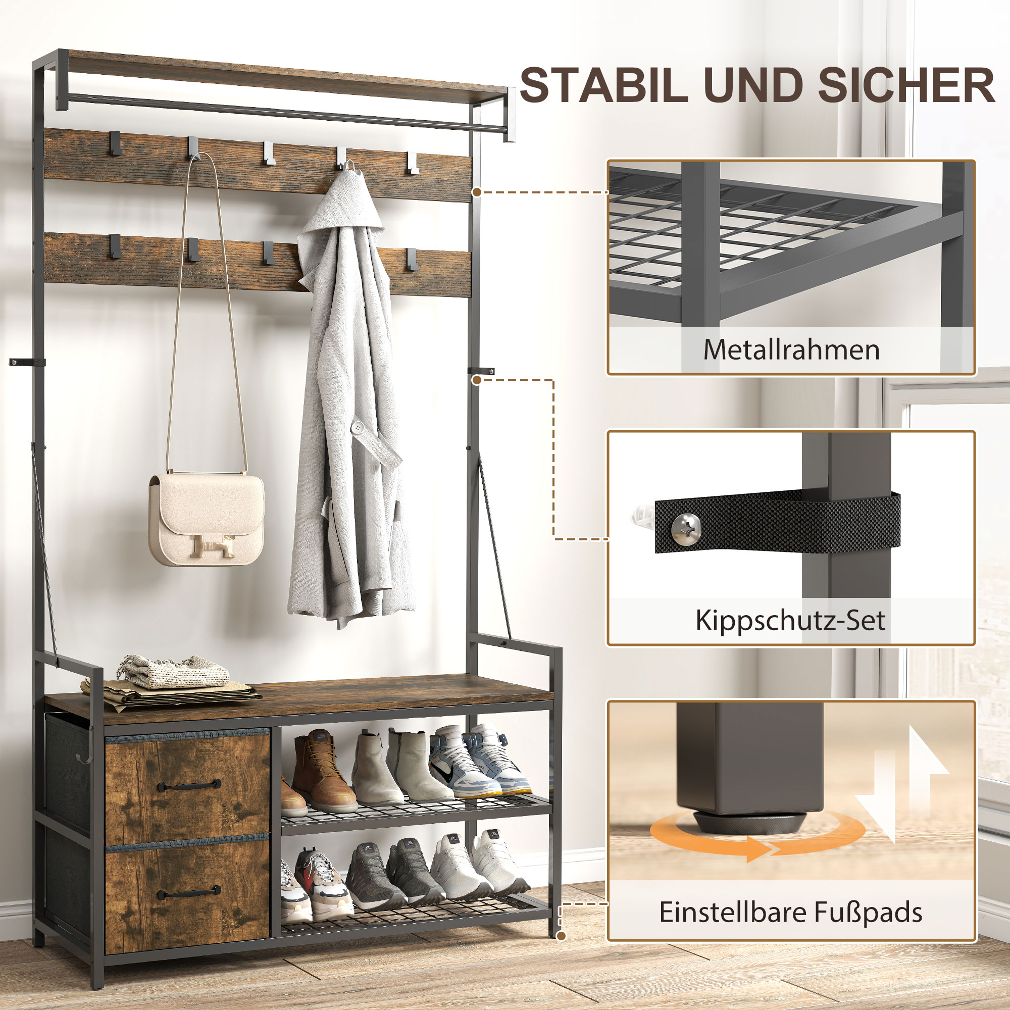 6-in-1 Garderobenständer mit Sitzbank und Schuhregal, Industrie-Stil, 10 Haken, 2 Stoffschubladen, Metall, Braun