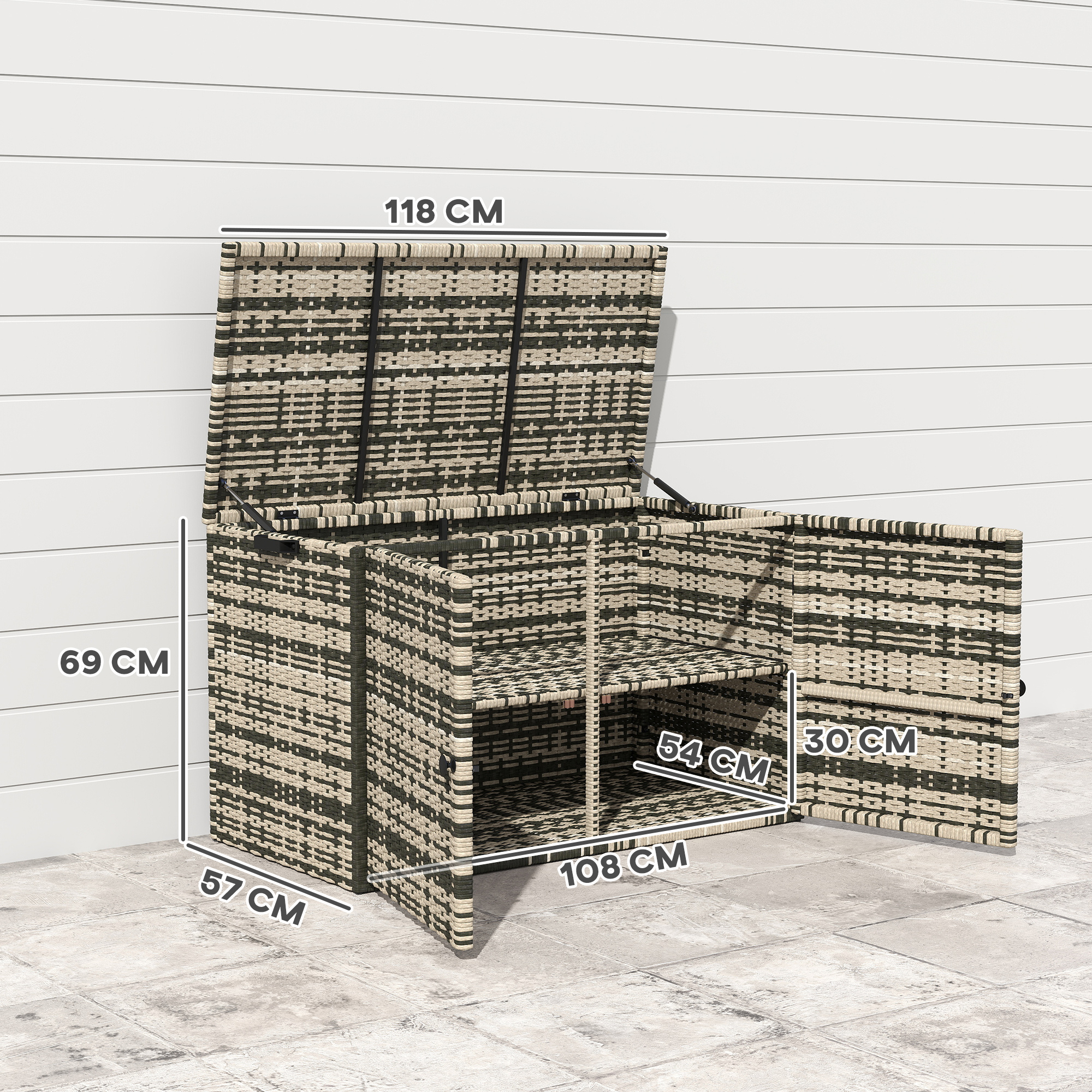 Rattan Auflagenbox 350L 2-Ebenne Kissenbox mit Deckel Hebestangen Tragegriffe 118 x 57 x 69 cm Mischgrau