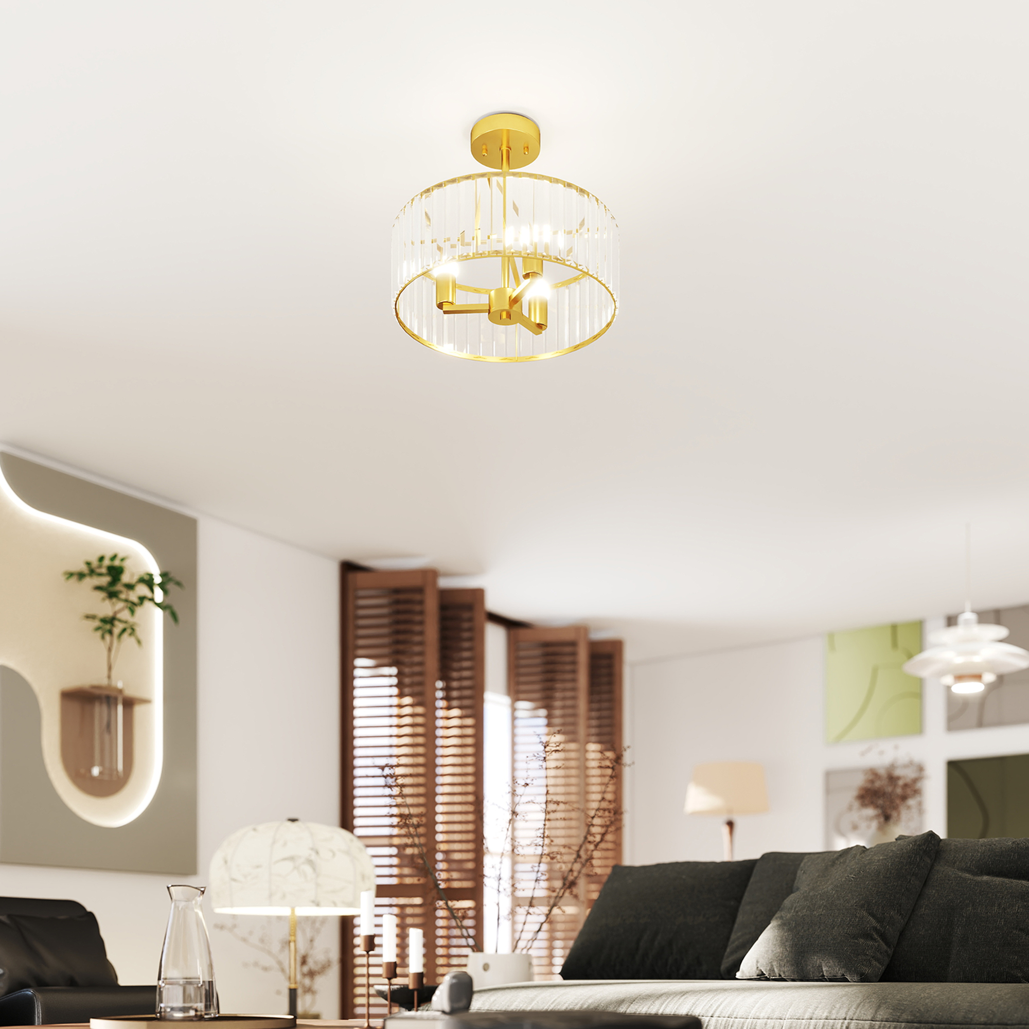 Deckenlampe, Kronleuchter-Design, Kristallschirm, 3 Glühbirnen, Metall, Goldfarben