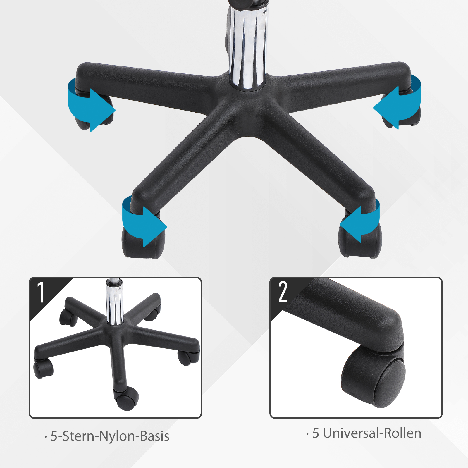 Rollhocker höhenverstellbar mit Rückenlehne Drehhocker 72-84 cm Arbeitshocker 360° drehbar Bürohocker für Büro Salon Massage Spa Schwarz