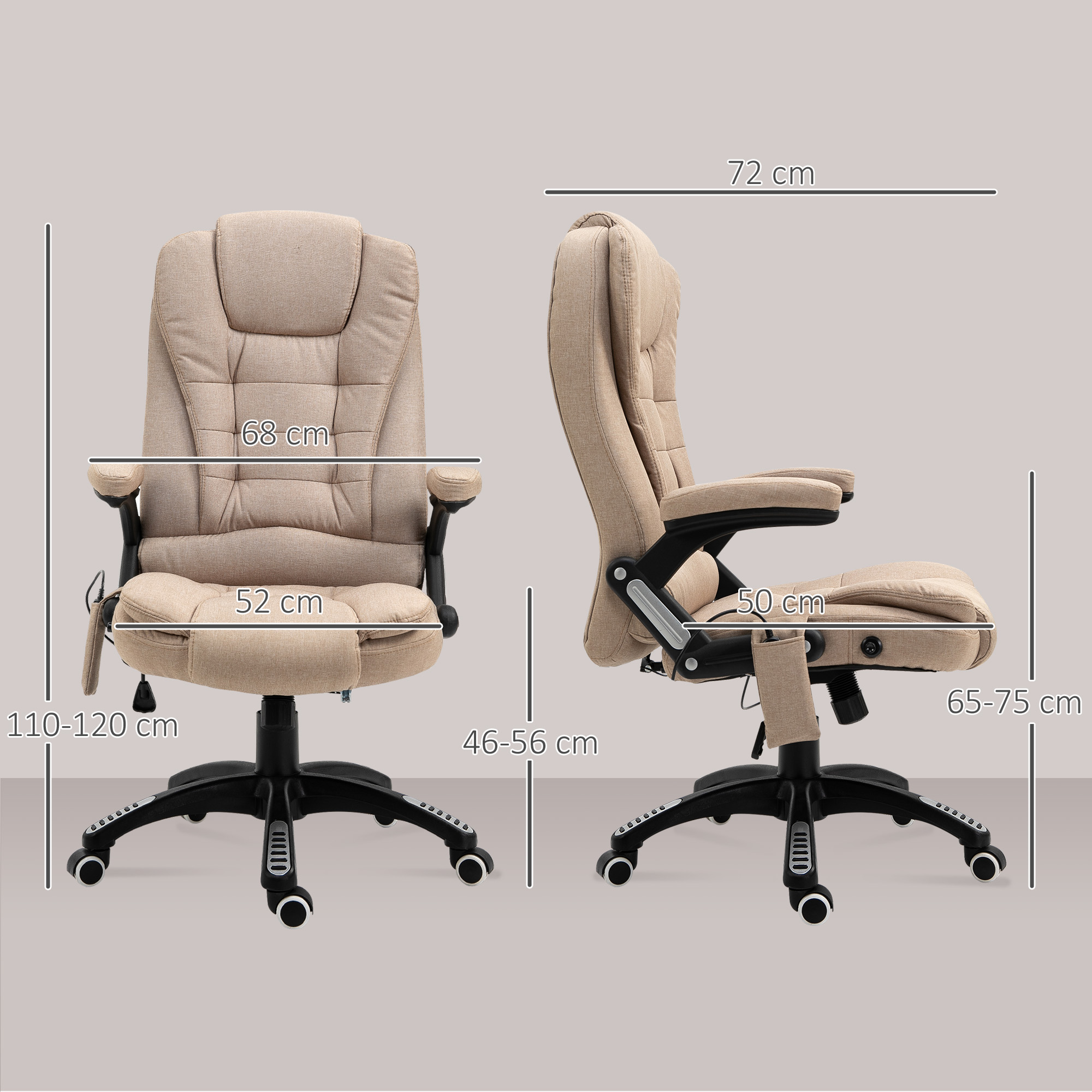 Massagesessel mit Wärmefunktion, Ergonomischer Schreibtischstuhl, höhenverstellbar, 68L x 72B x 110-120 cm, Braun