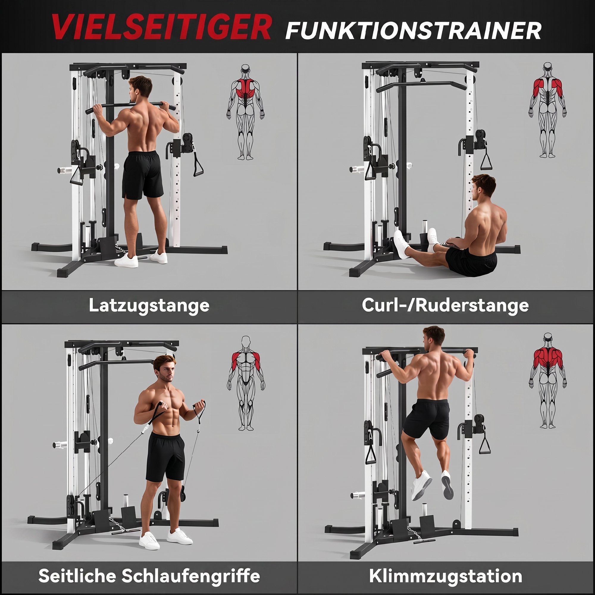 Kraftstation Fitnessstation mit Latzug, Klimmzugstange Curl-/Ruderstange Griffe, 15-fach verstellbar