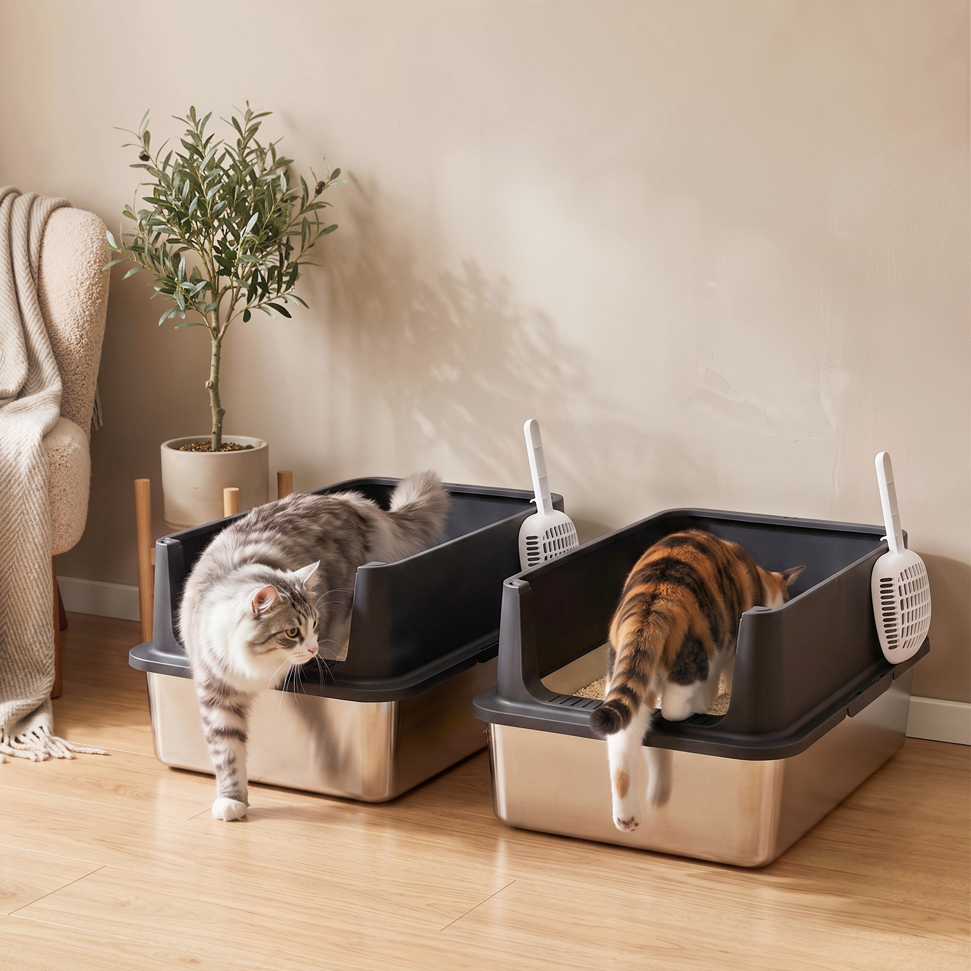 2er-Set Katzenklo Edelstahl XL mit Hohem Rand Deckel 60x40x30cm Halboffene mit 2 Schaufeln, für Große Katzen bis 8 kg