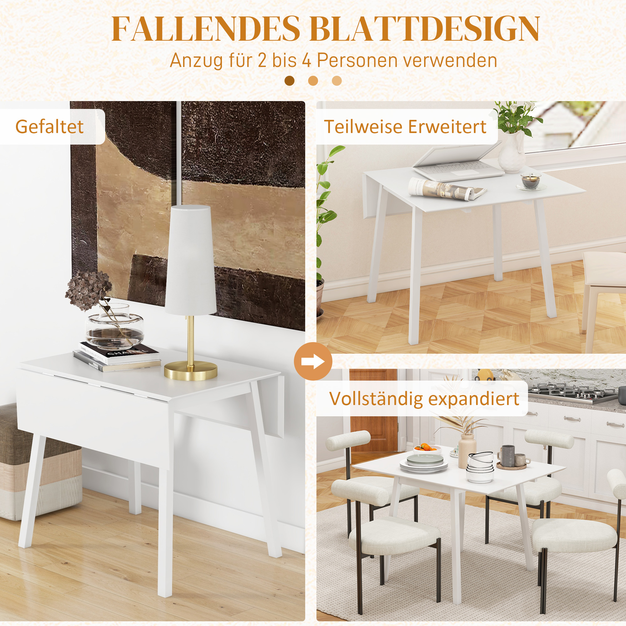 Esstisch Klapptisch Küchentisch, 2 aufklappbare Flächen, 110 x 86 x 75 cm, Weiß