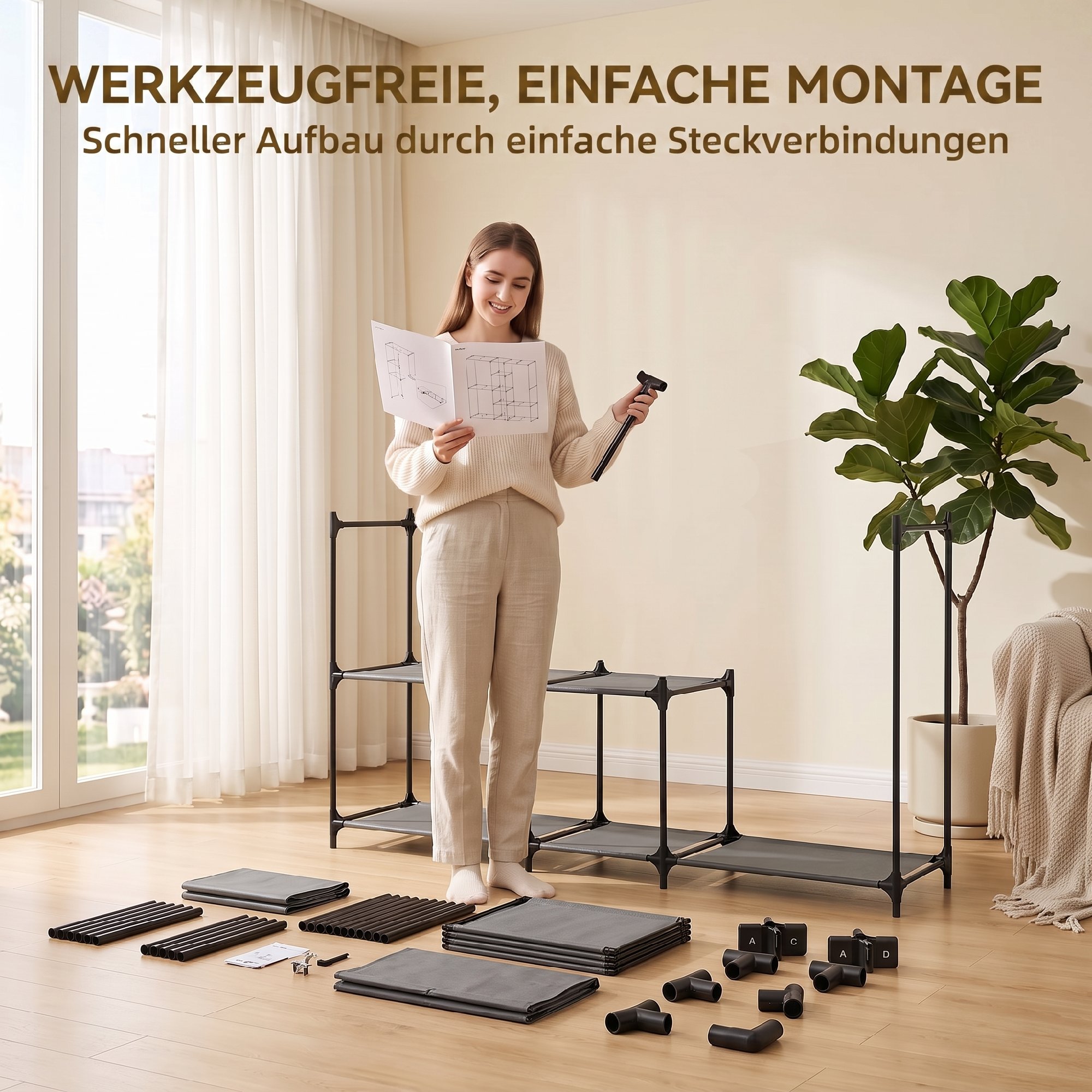 Textil-Kleiderschrank, tragbar, werkzeuglos, mit 3 Kleiderstangen und 5 Ablagen, 182 x 43 x 182 cm, Schwarz