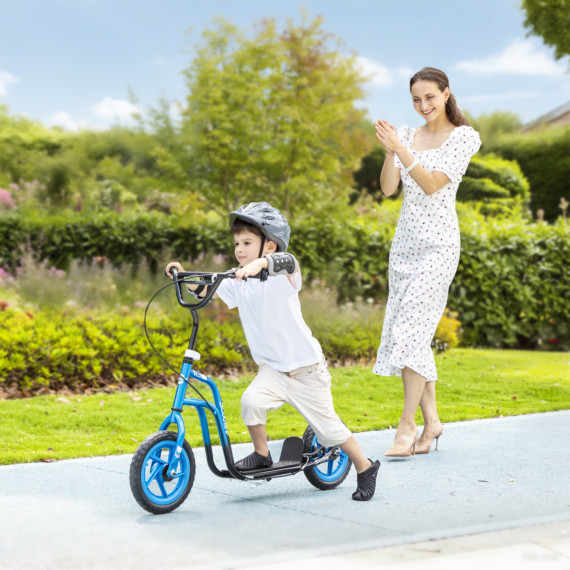 Kinderroller mit verstellbarem Lenker, große Räder, Parkständer, Handbremse, für Kinder im Alter von 5-12 Jahren, Blau