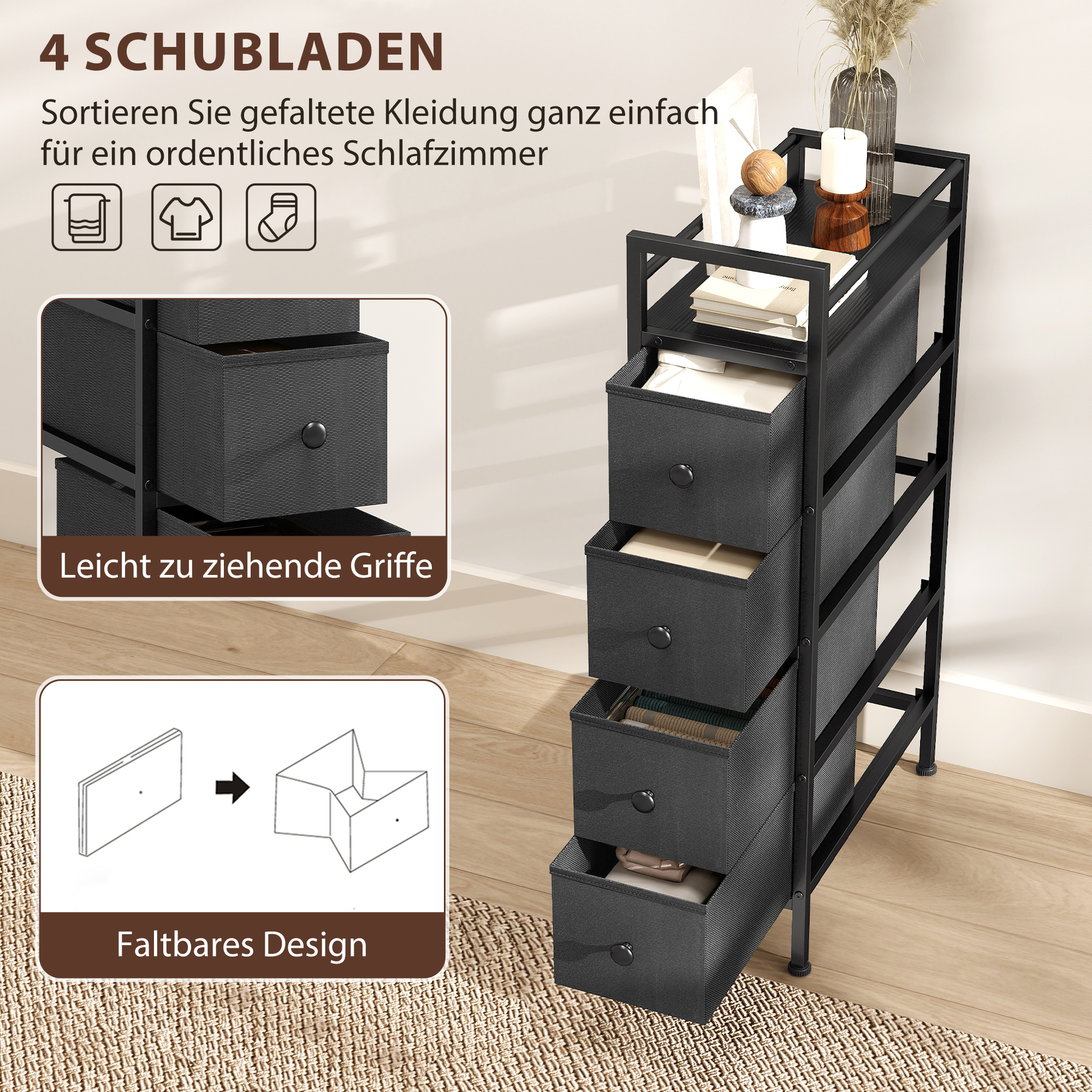 Kommode Schrank mit 4 Schubladen aus Vliesstoff Aufbewahrungsschrank mit Stahlrahmen, 20cm x 43cm x 81,5cm, Schwarz