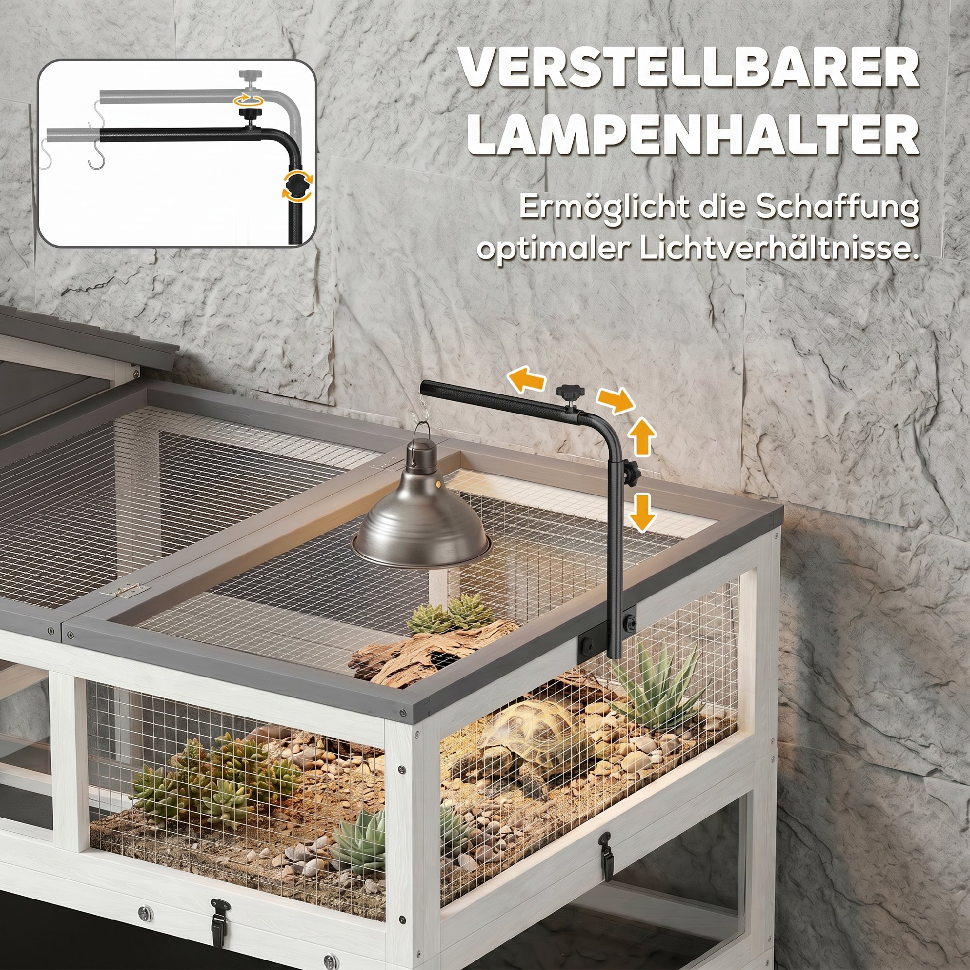 Schildkrötenhaus aus Holz, Schildkrötengehege mit 2 Haupthäusern, aufklappbarer Oberseite, Lampenhalter, grau