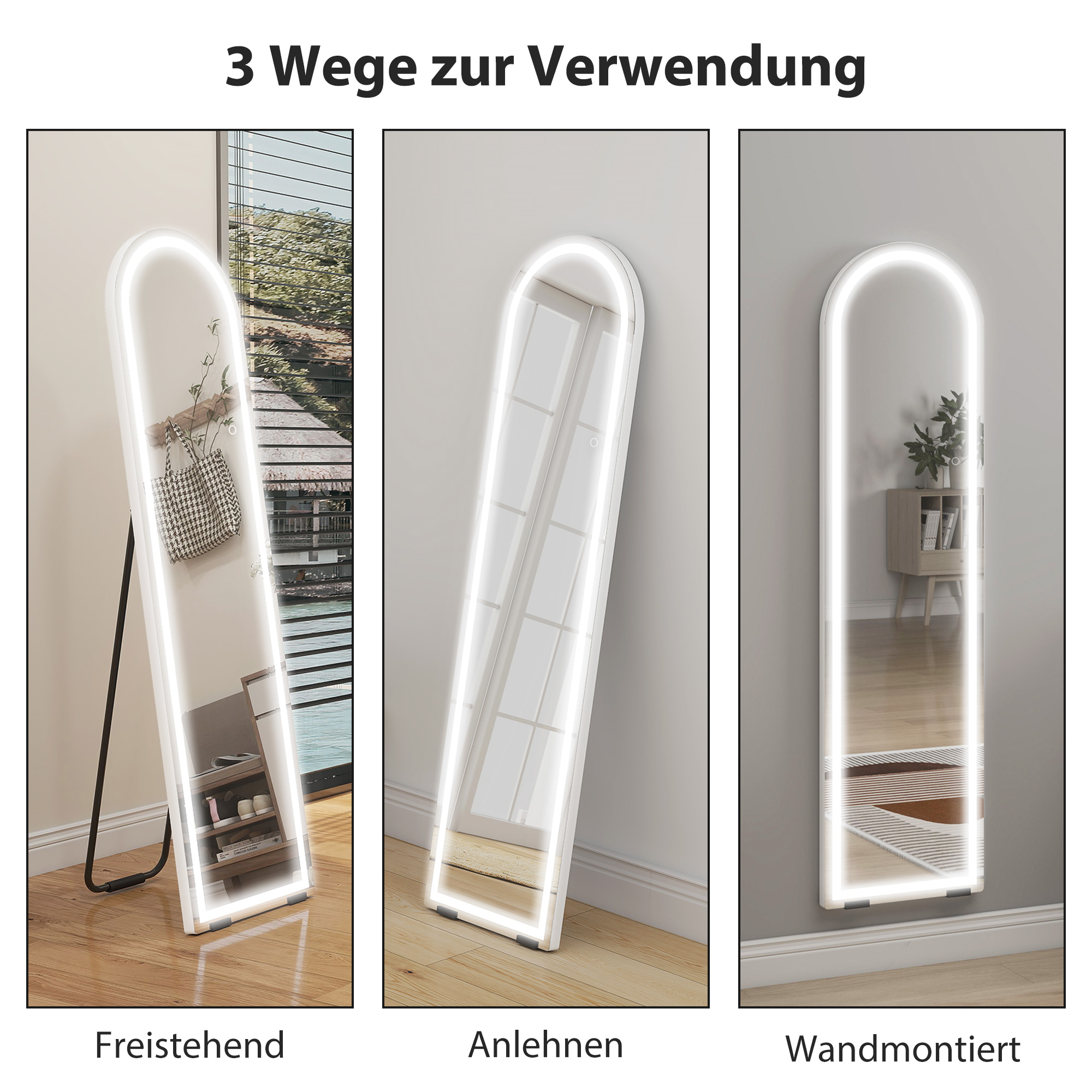 Ganzkörperspiegel mit LED-Lichtern, 150 x 40 cm, bogenförmig, dimmbar, 3 Lichtfarben, freistehend oder Wandmontage, Weiß