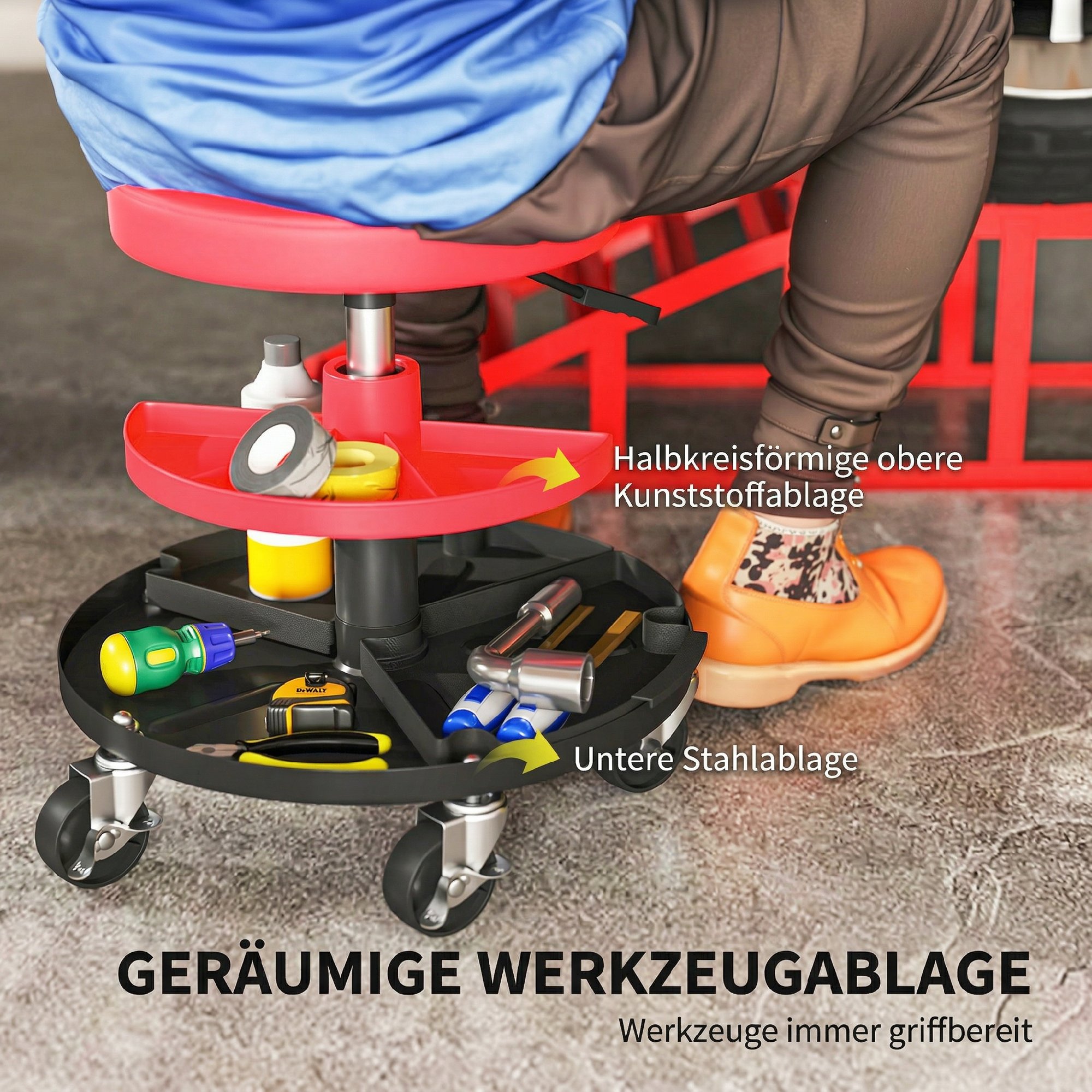 Werkstatthocker mit Rollen Tabletts höhenverstellbar 40-51cm Rollhocker bis 135 kg belastbar Rot