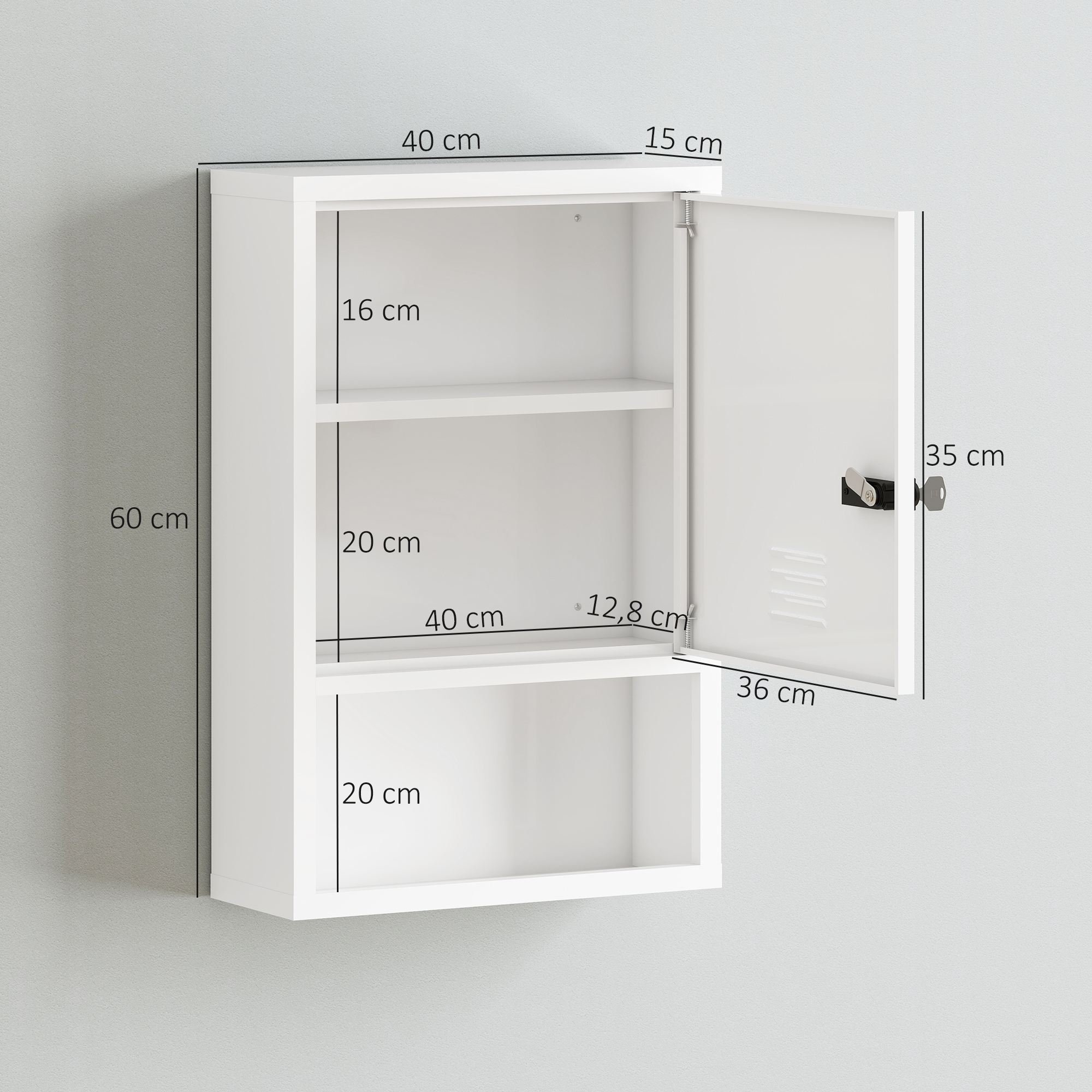 Medizinschrank zur Wandmontage mit Zahlenschloss und Schlüssel, 3-stufig, abschließbar, Weiß