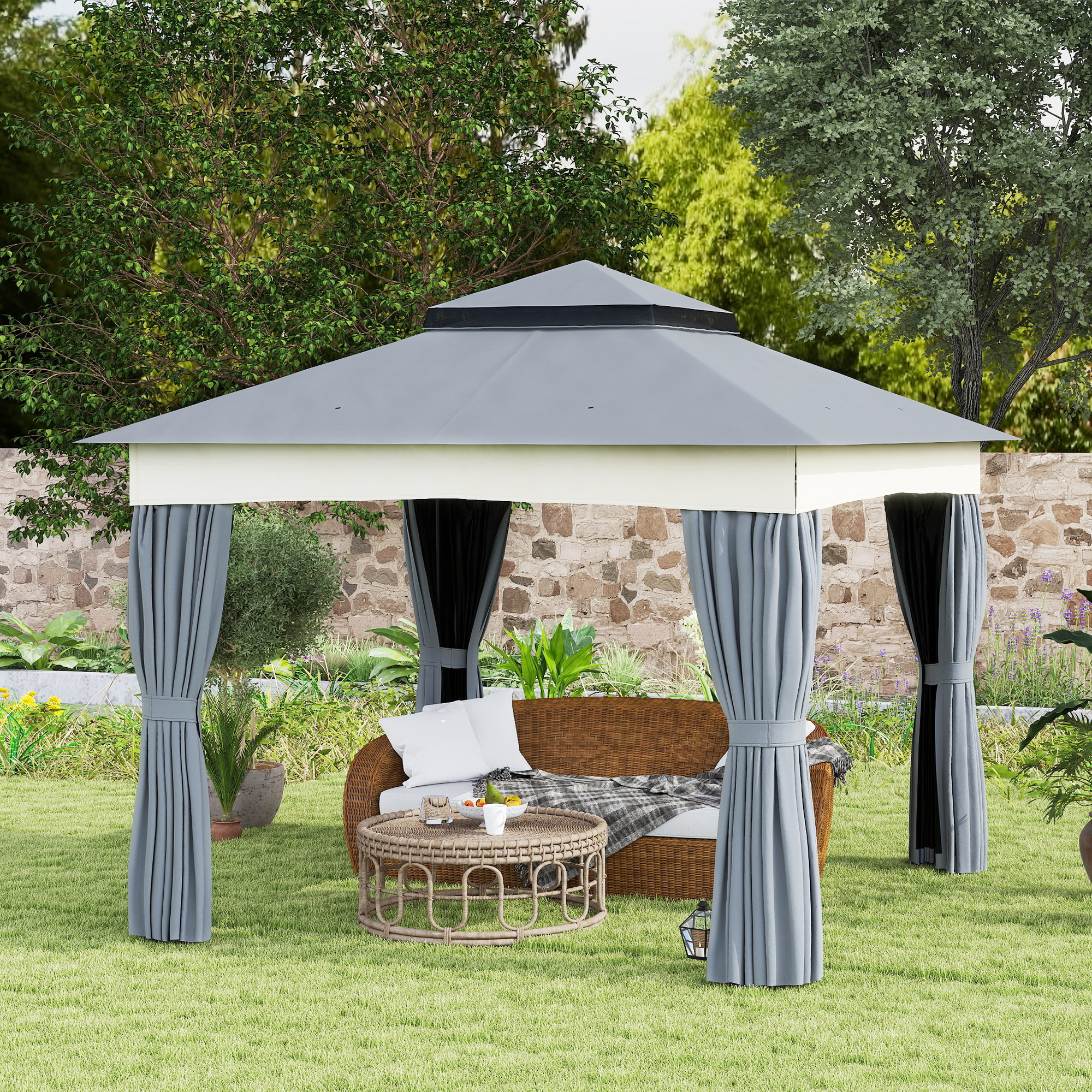 Pavillon mit Doppeldach, 3x3 m Wasserabweisend Stabil Winterfest Gartenpavillon aus Metall Dunkelgrau