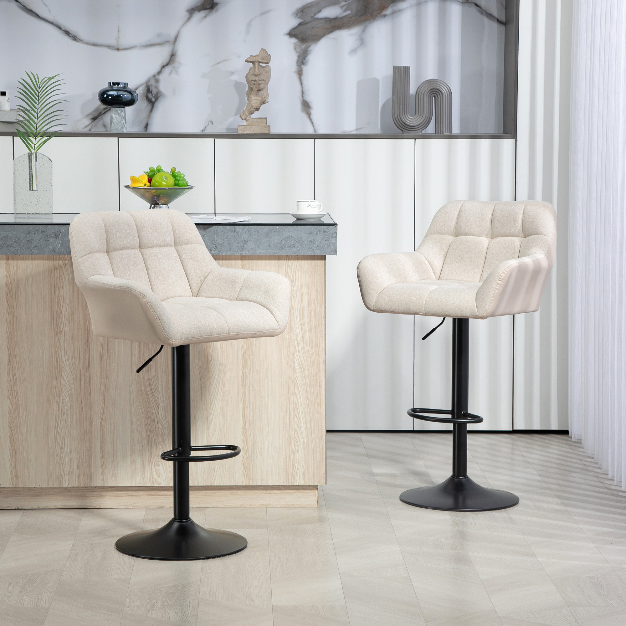 Barhocker 2er-Set Retro-Design höhenverstellbar Kunstleder Leinenoptik Creme + Schwarz