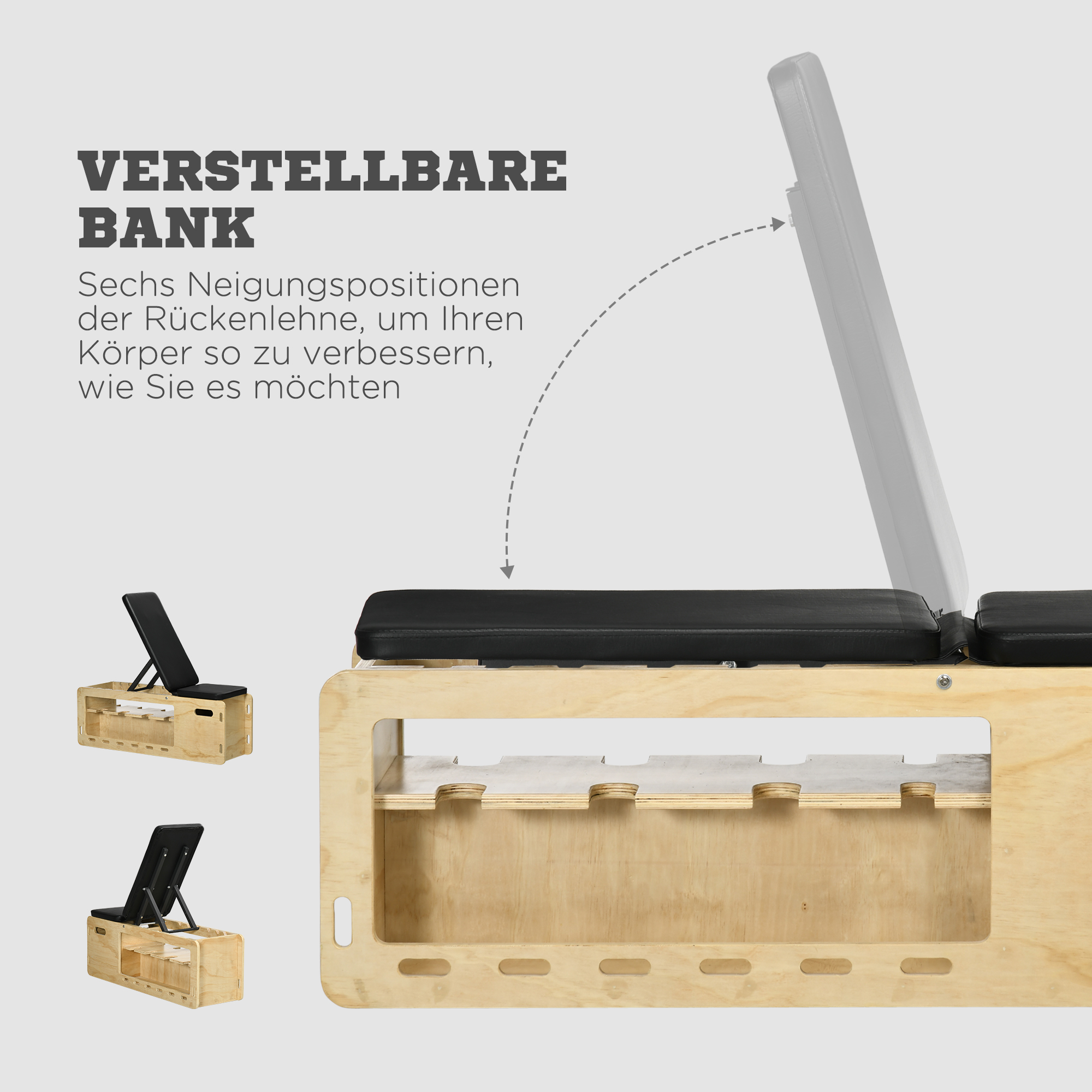 Hantelbank mit Hantelablage, 1 Aufbewahrungskorb, in 6 Positionen verstellbar, Massivholz, Natur + Schwarz