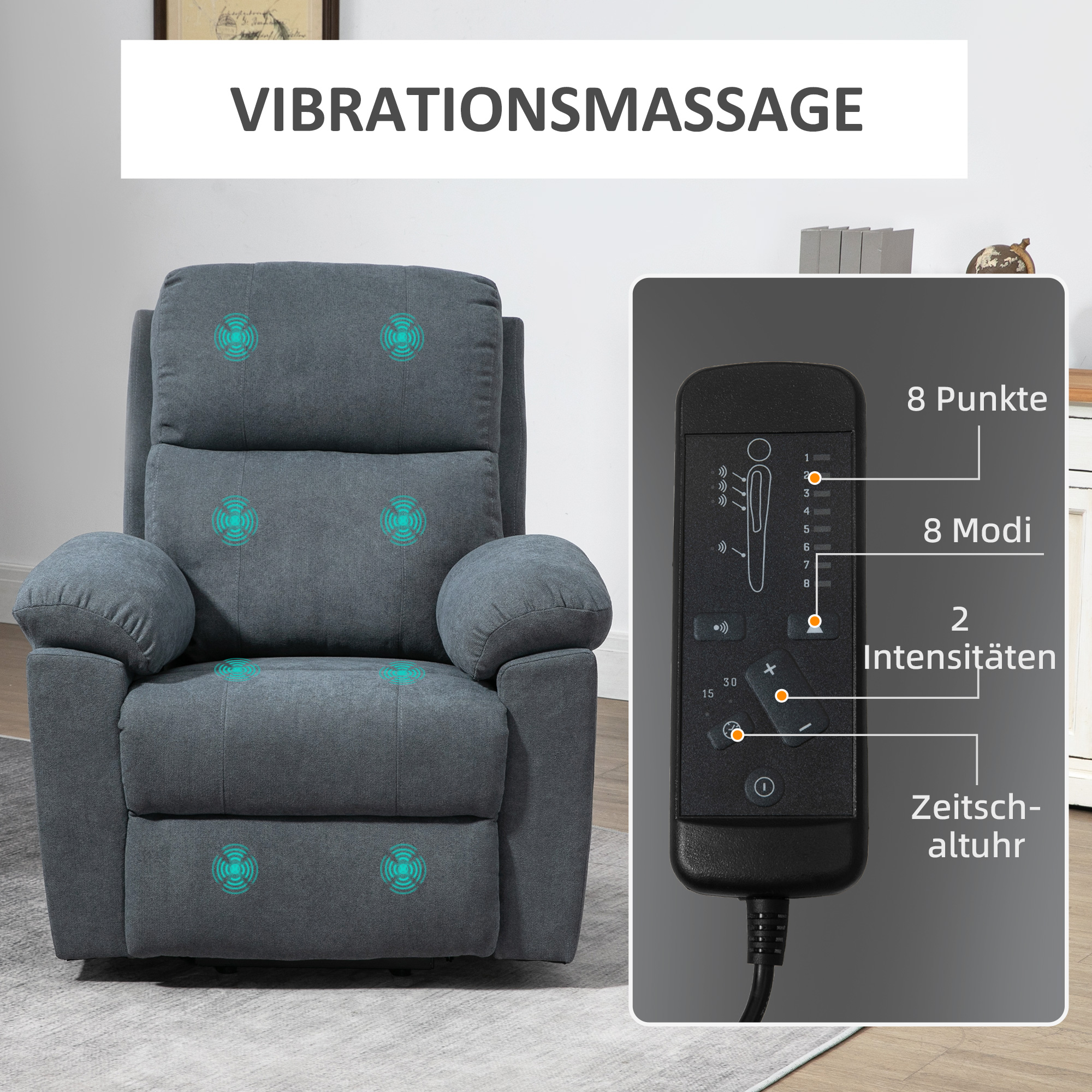 Massagesessel mit Aufstehhilfe, Pflegesessel mit Aufstehhilfe, 8 Vibrationsmotoren, inkl. Fernbedienung, grau