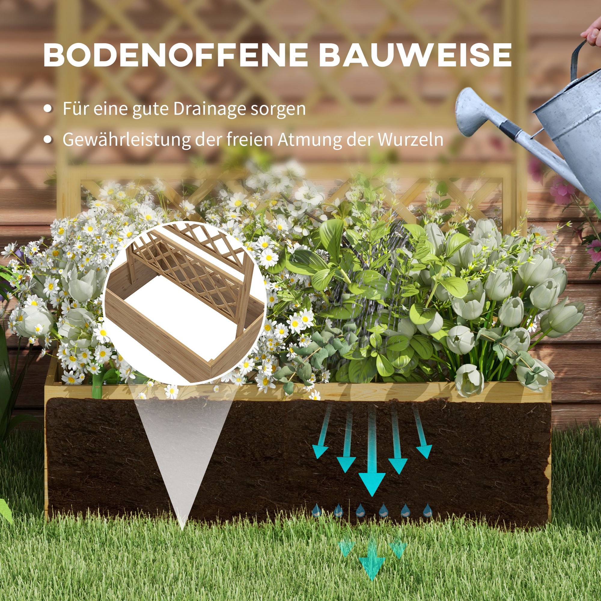 Pflanzkasten mit Rankengitter, Eckige Pflanzenbox aus Holz mit Rückenspalier für Kletterpflanzen und Dach