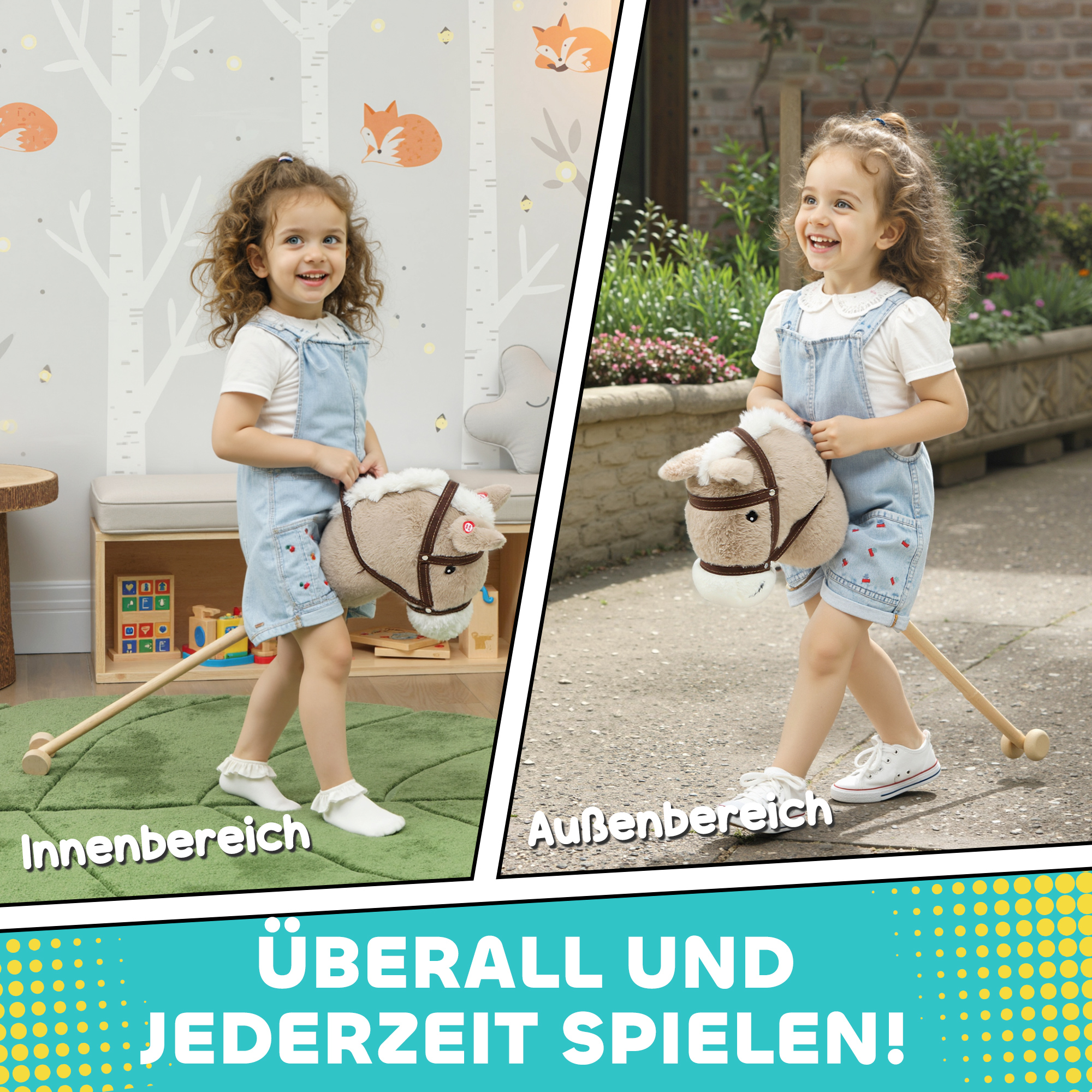 Steckenpferd Kinder Steckenpferde mit Sound, Rolle, Stockpferd zum Reiten für Kinder 24+ Monate, Grau