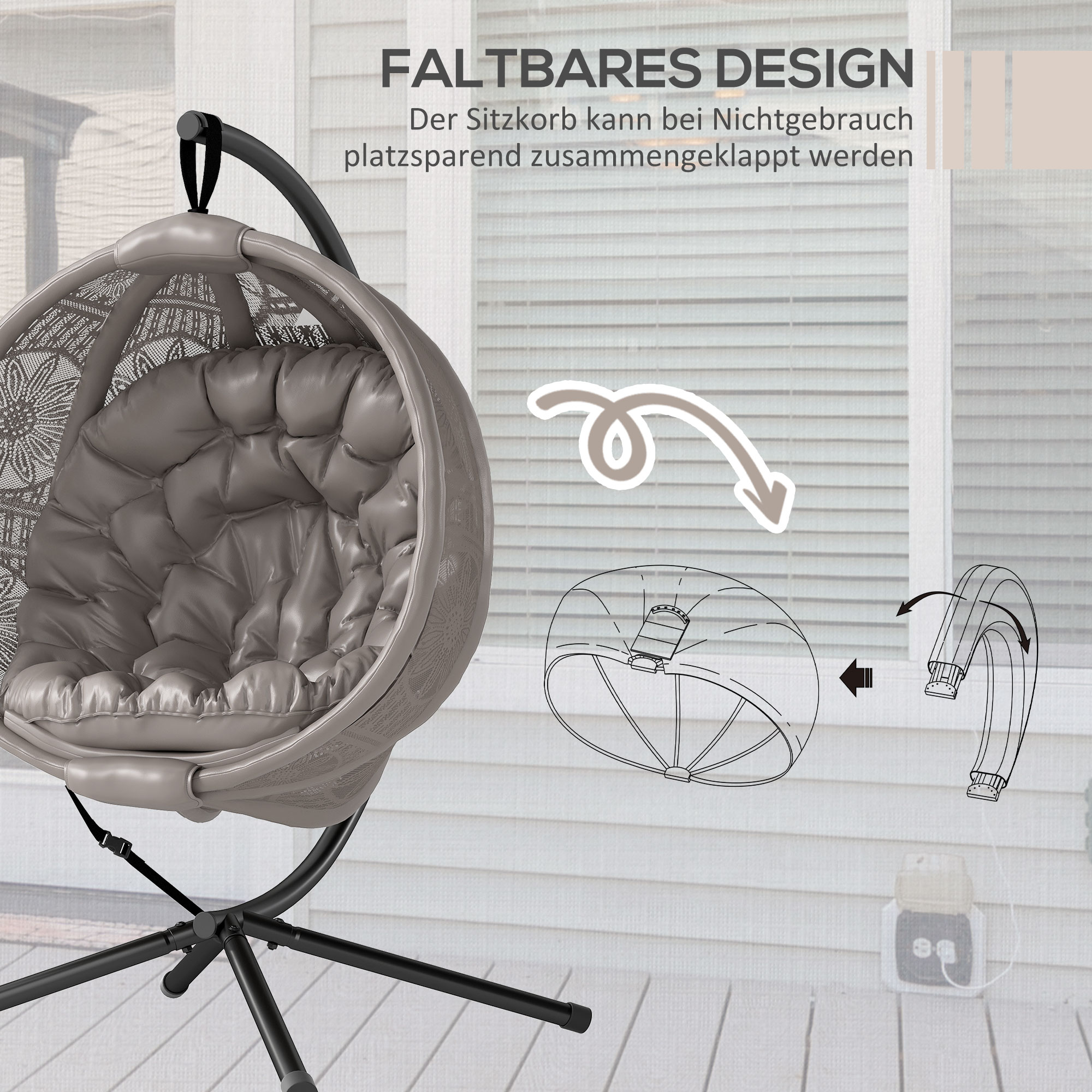 Hängesessel Gartensessel Korbsessel, Boho-Stil, 116 x 125 x 172 cm, Sand + Schwarz