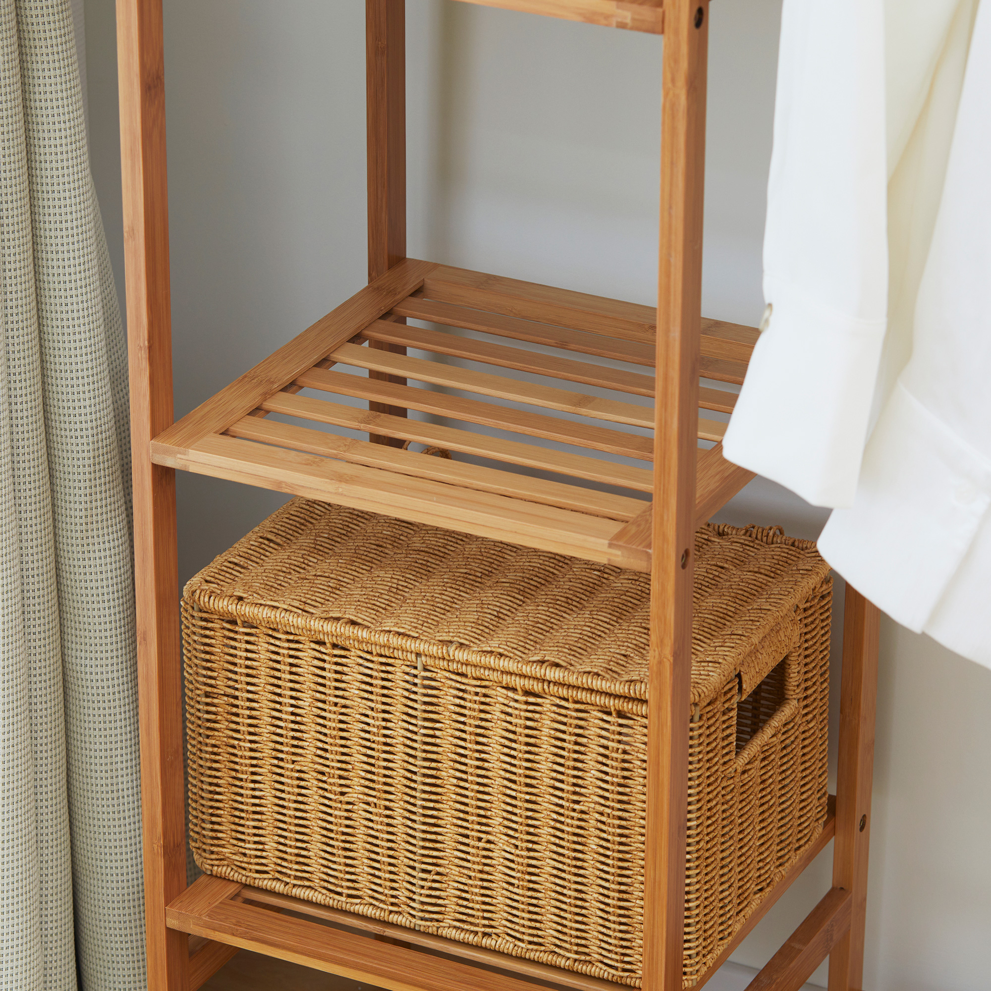 Kleiderständer Garderobenständer mit Kleiderstange, Schuhablag, Regal, Garderobe aus Bambus Naturholz