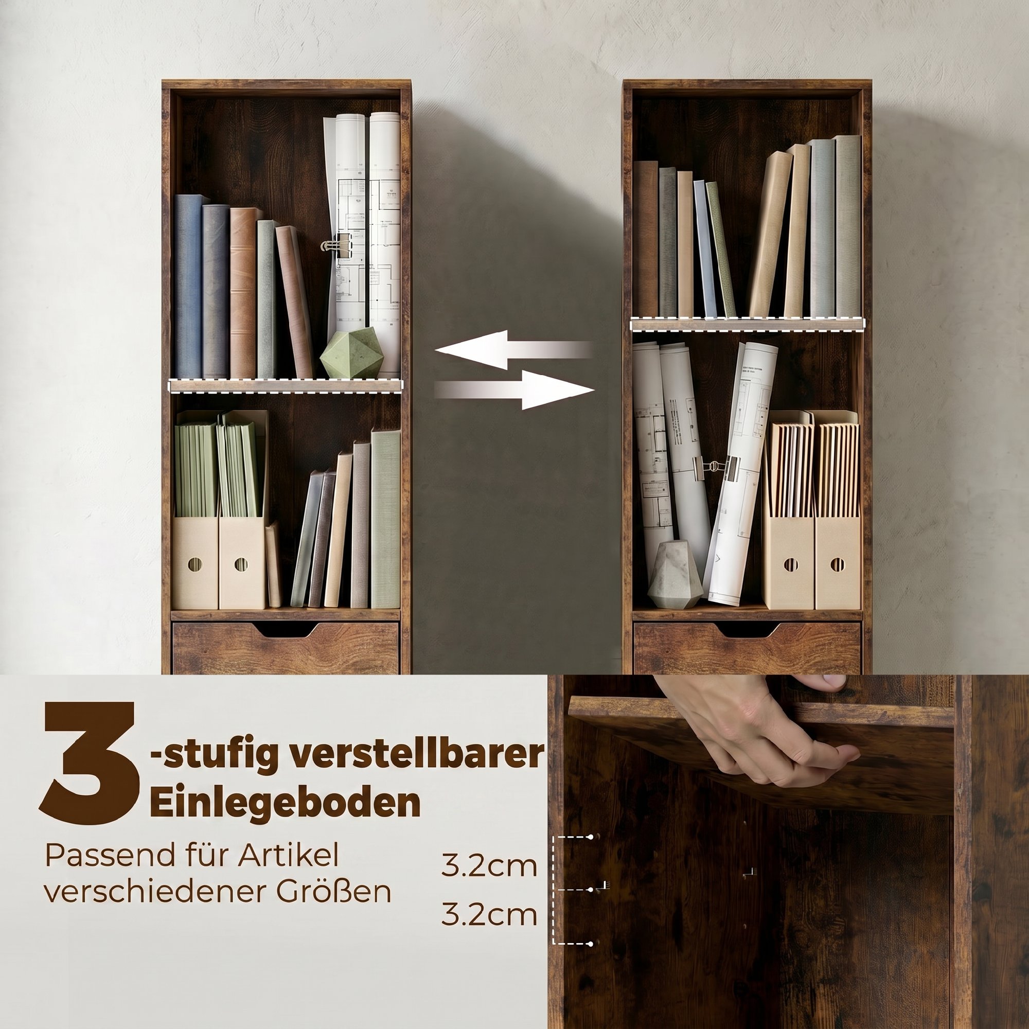 Bücherregal mit 6 Ebenen, 3-stufig verstellbar, mit Schublade, Schranktür, anpassbares Regal, Ausstellungsregal, Braun