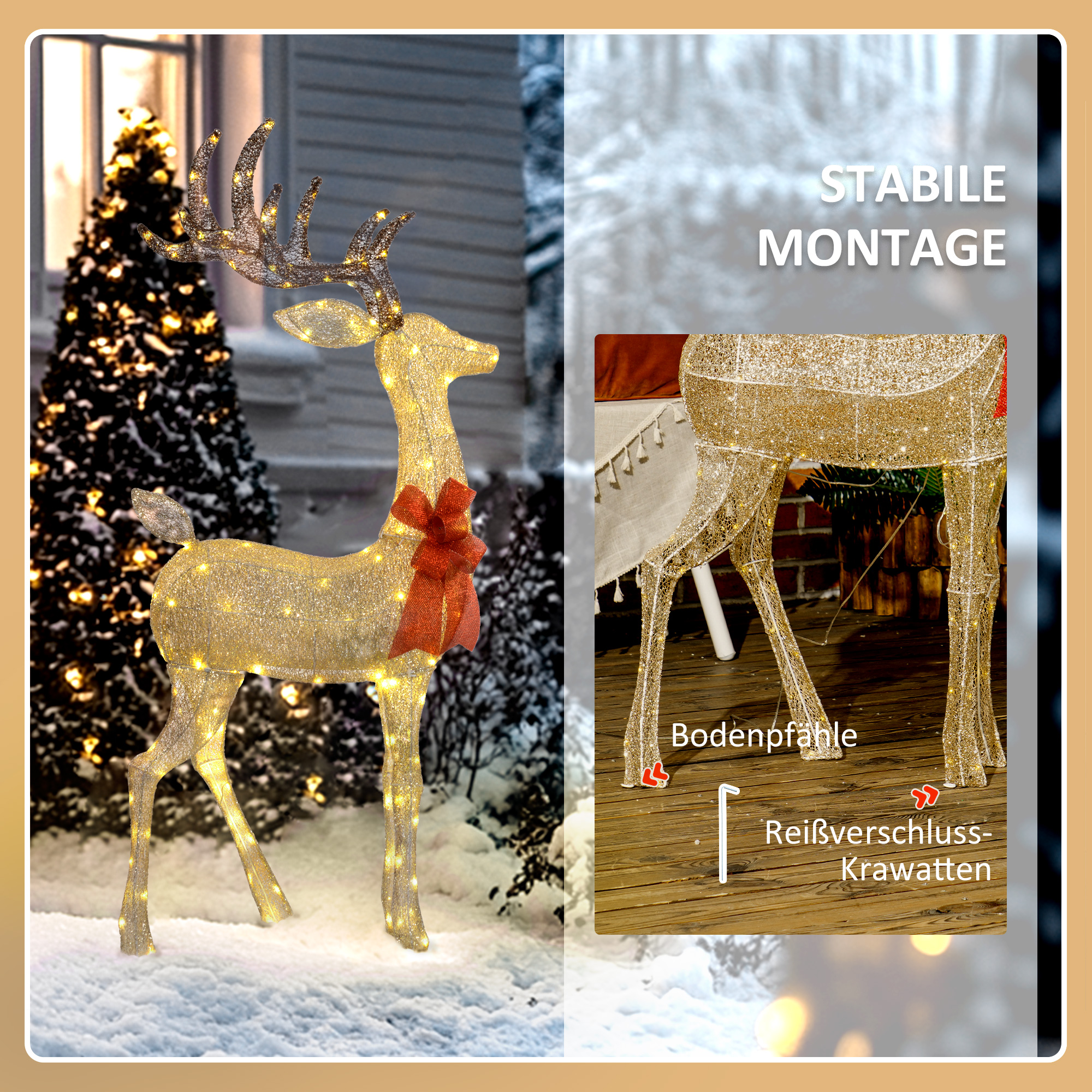 Rentier mit roter Schleife, 137 LEDs, Weihnachtsbeleuchtung, wetterfest, 66 x 25 x 135 cm, Gold