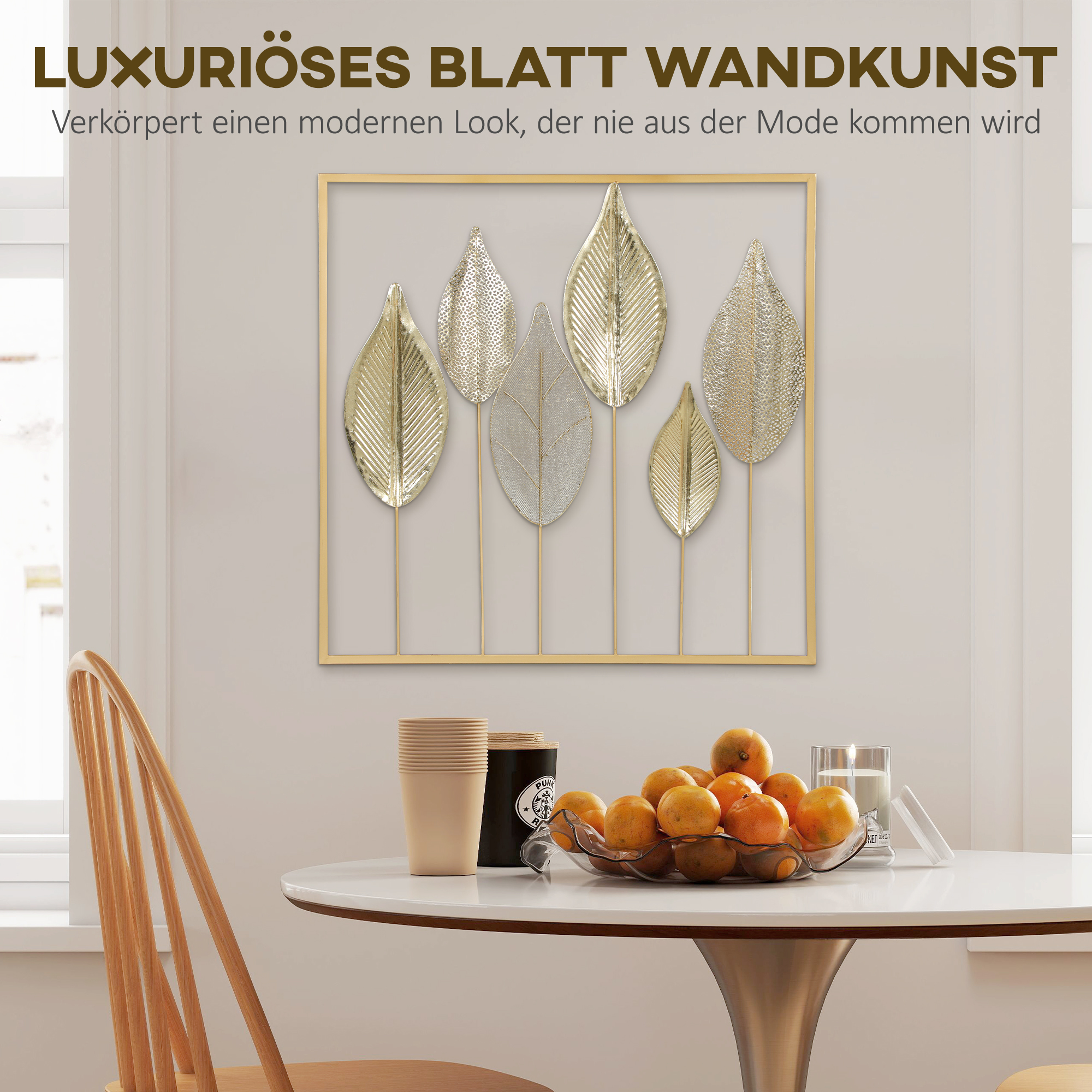 Metallrahmen mit Blattdesign, Wandschmuck, moderner Stil, Goldfarben