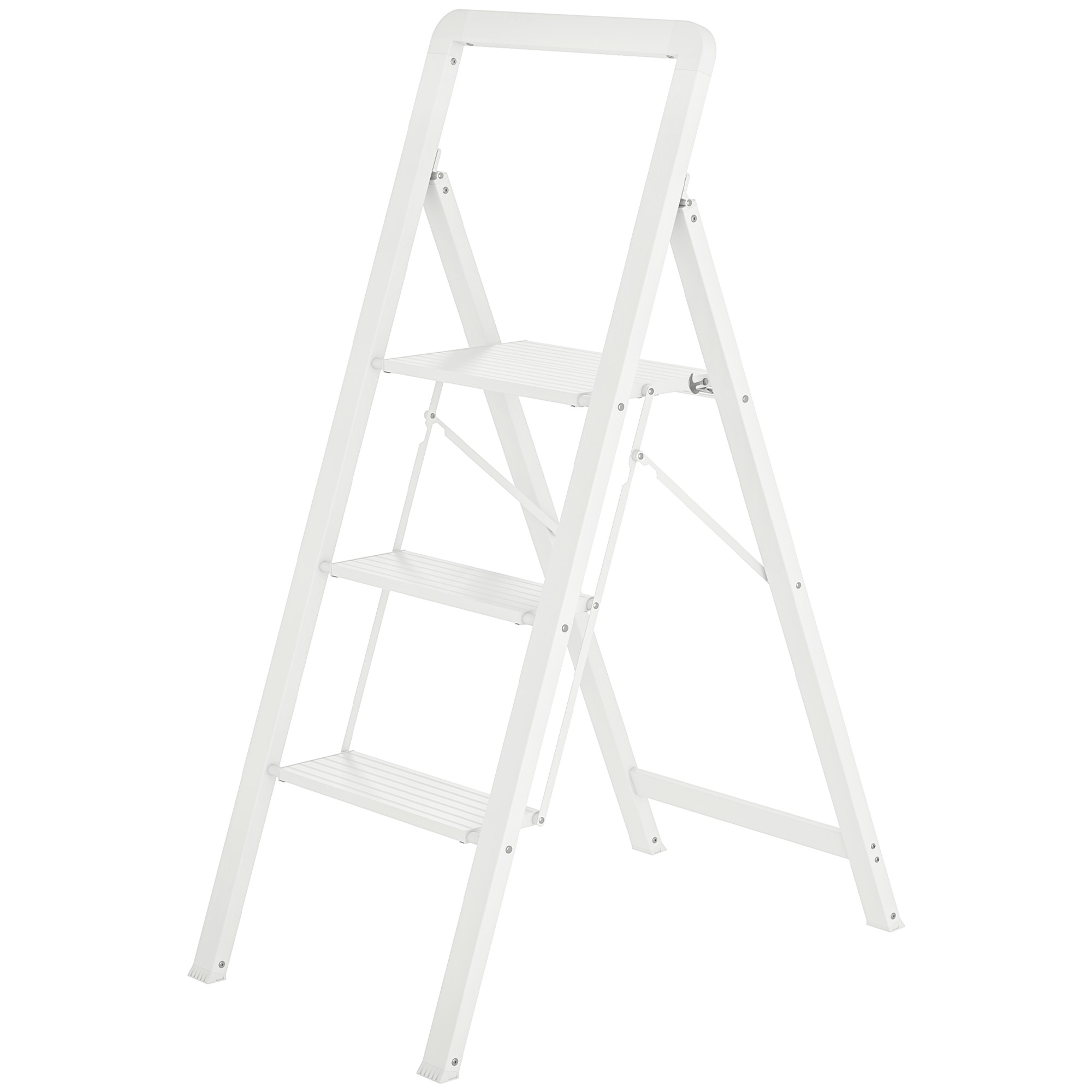 3-stufige Trittleiter, Aluminum faltbar, rutschfeste Plattform, Weiß 3-stufige Trittleiter, Aluminum faltbar, rutschfeste Plattform, Weiß