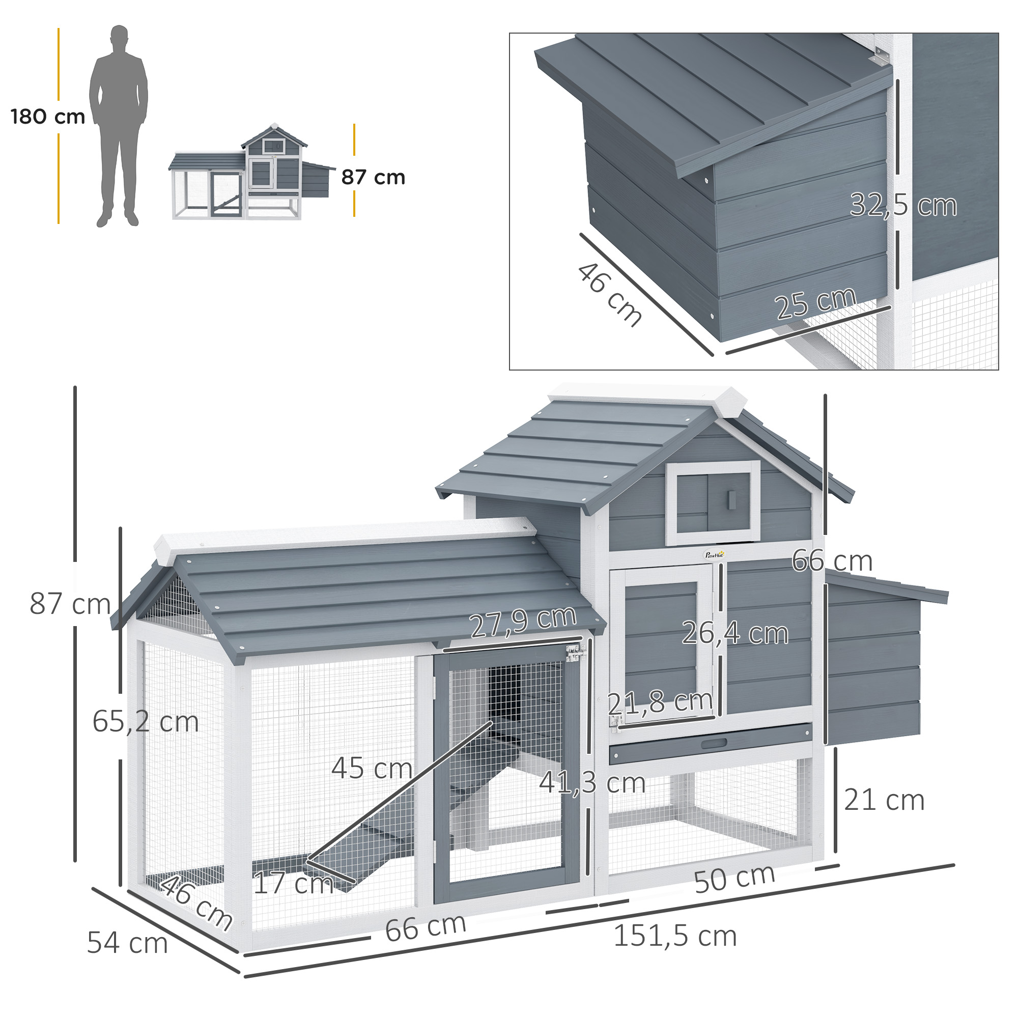 Hühnerstall Holz Hühnerhaus für 2-3 Hühner 151,5 x 54 x 87 cm Hühnervoliere mit Auslauf Nistkasten 2 Türen Winterfest