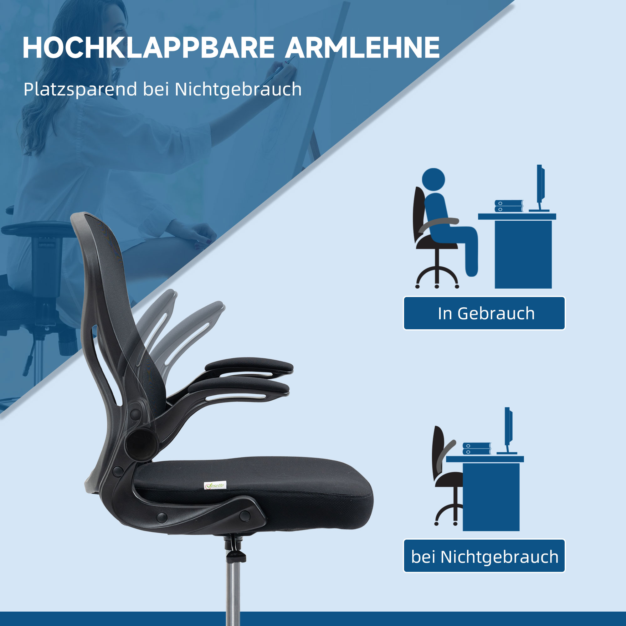 Zeichenstuhl, höhenverstellbarer Bürostuhl, mit Fußstütze, 59 cm x 65 cm x 122 cm, Schwarz
