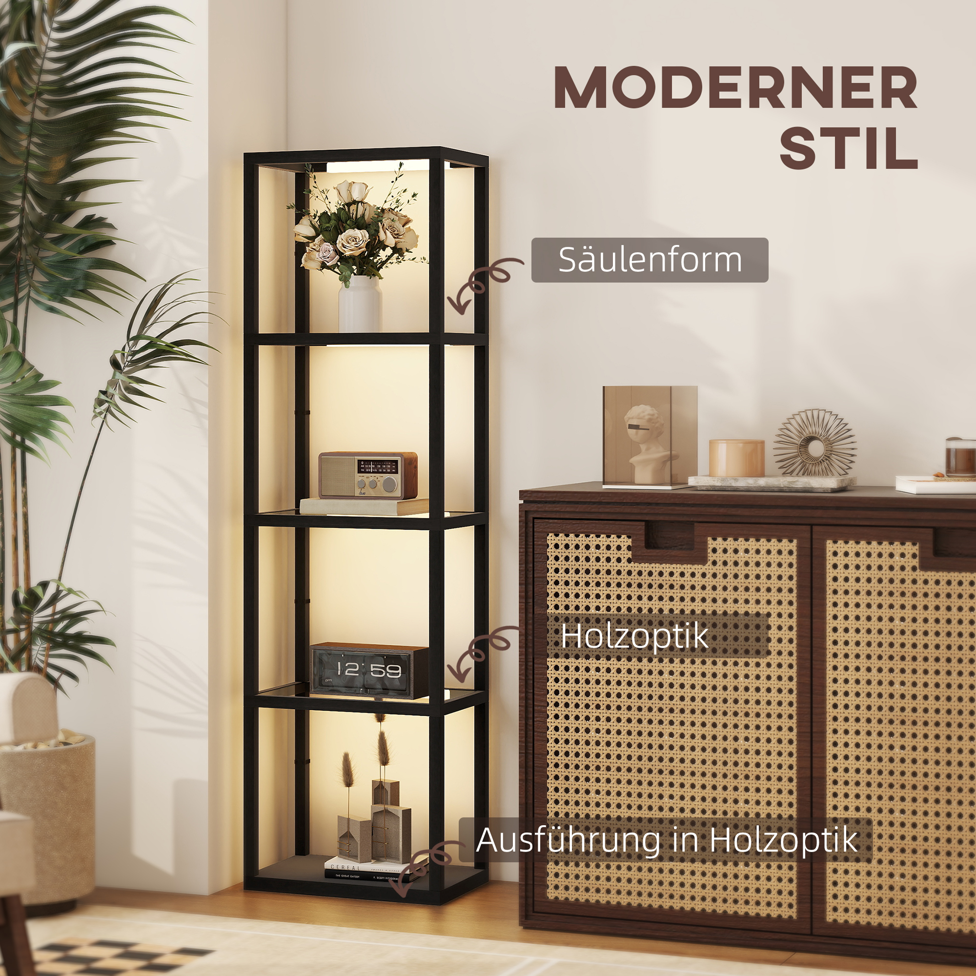 LED-Stehlampe mit 4-stufigem Regal, Leuchtregal mit 4 Glasfächern, Fußschalter, MDF, Schwarz