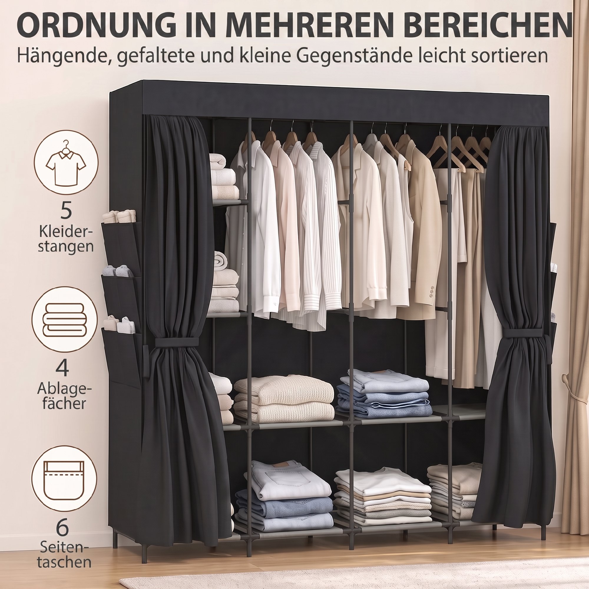 Stoff-Kleiderschrank, staubdicht, tragbar, 5 Kleiderstangen, 170 x 45 x 167 cm, Schwarz