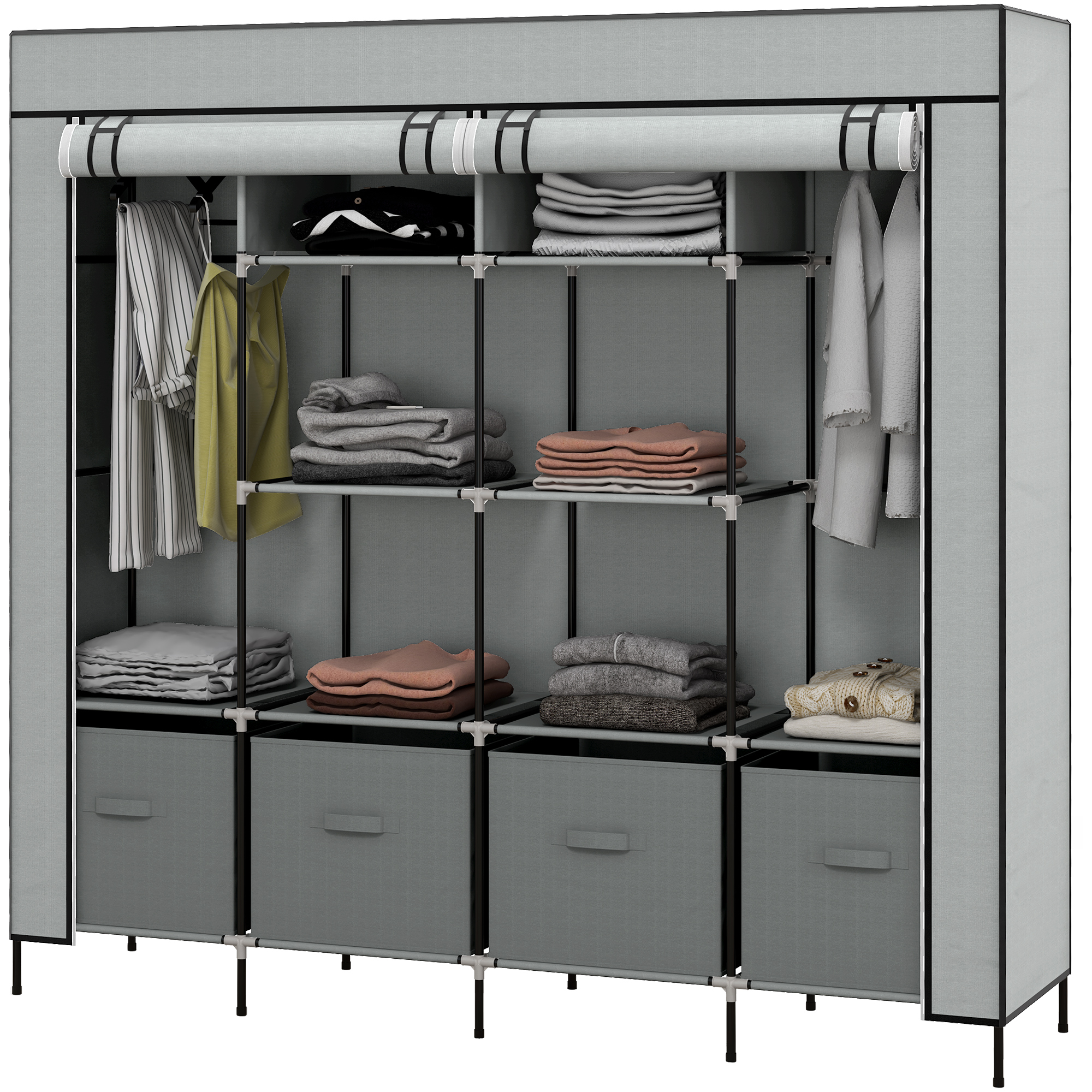 Kleiderschrank Stoffschrank, Türen, 2 Kleiderstangen, 10 Fächer, Grau