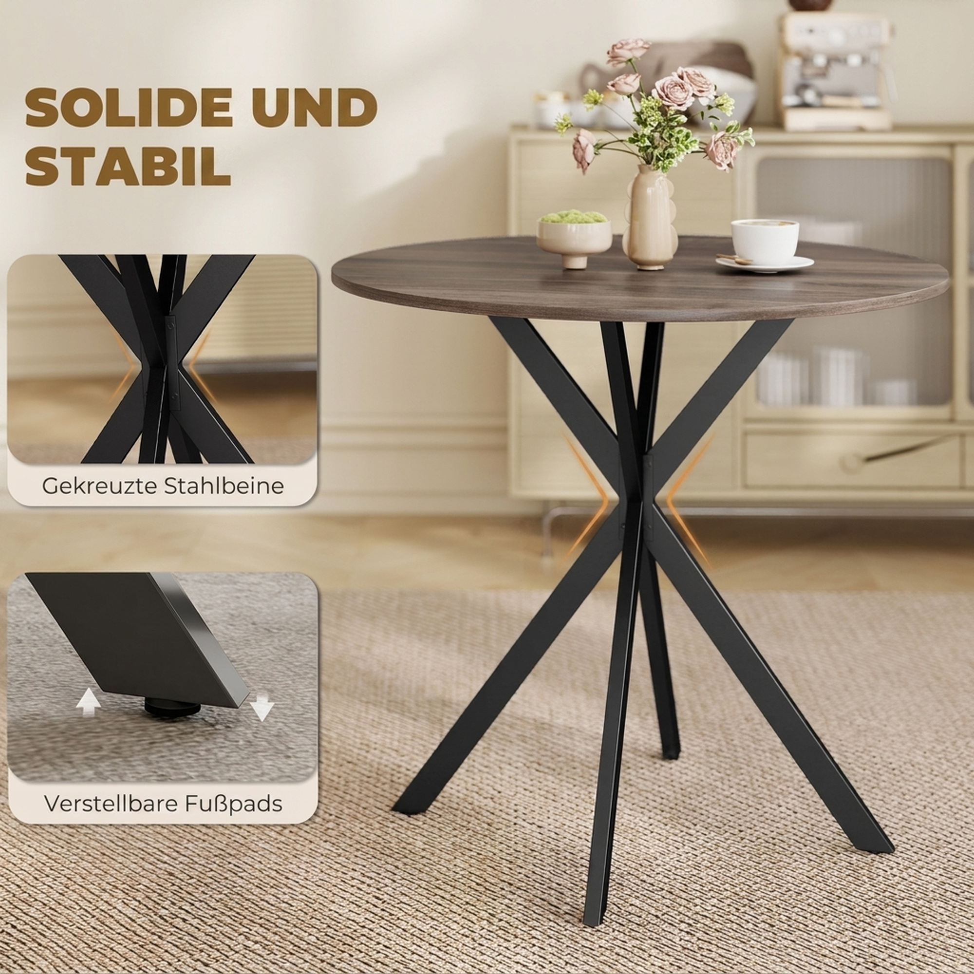 runder Küchentisch, 80 cm, kompakte Tischplatte, Spanplatte, Metall, Braun