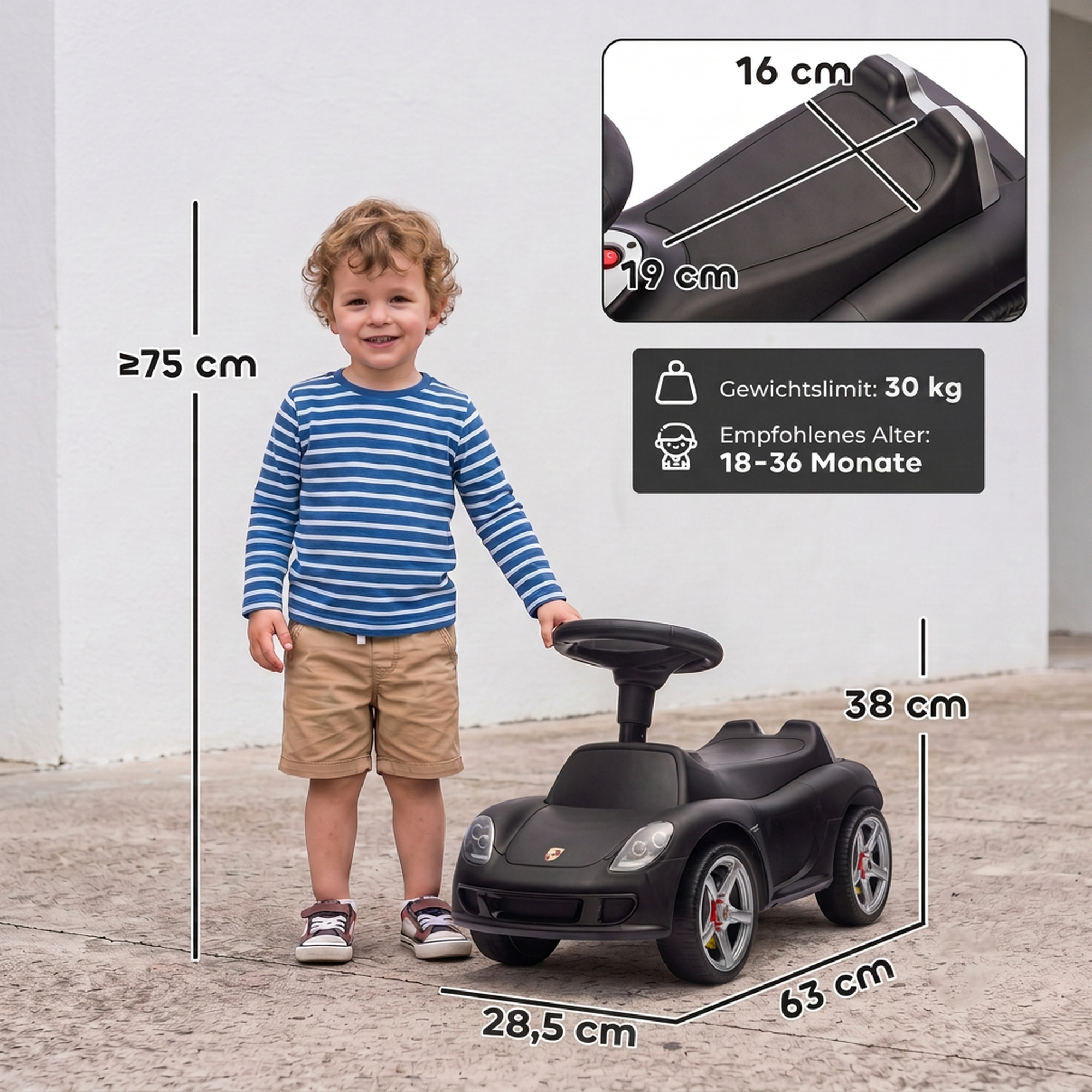 Rutschauto Kinder Porsche Rutschfahrzeug mit Hupe Licht Motorgeräuschen, für 18–36 Monate, Mattschwarz
